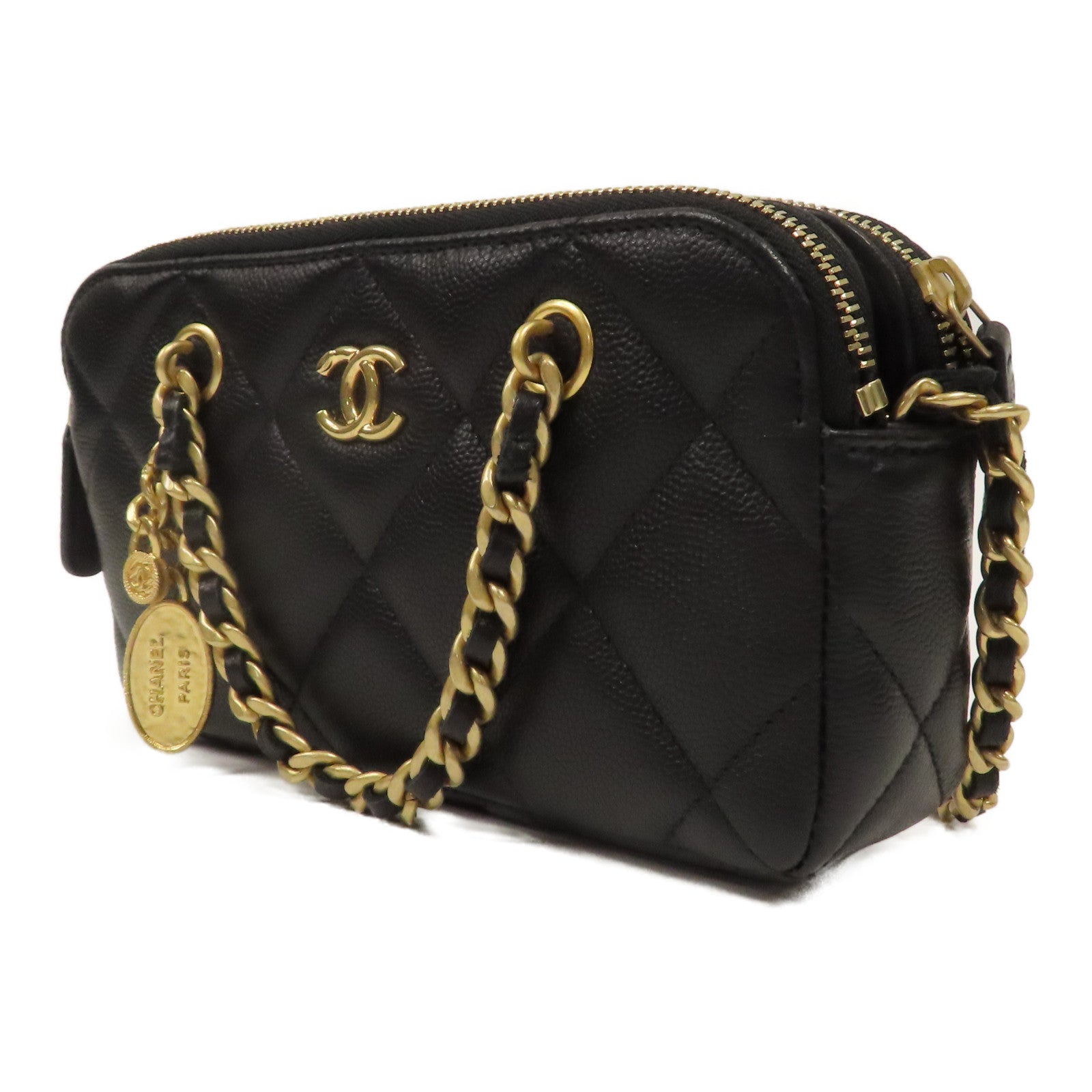 CHANEL 菱格Caviar皮革2 Way Chain Shoulder金扣鏈帶手挽肩背兩用袋黑色