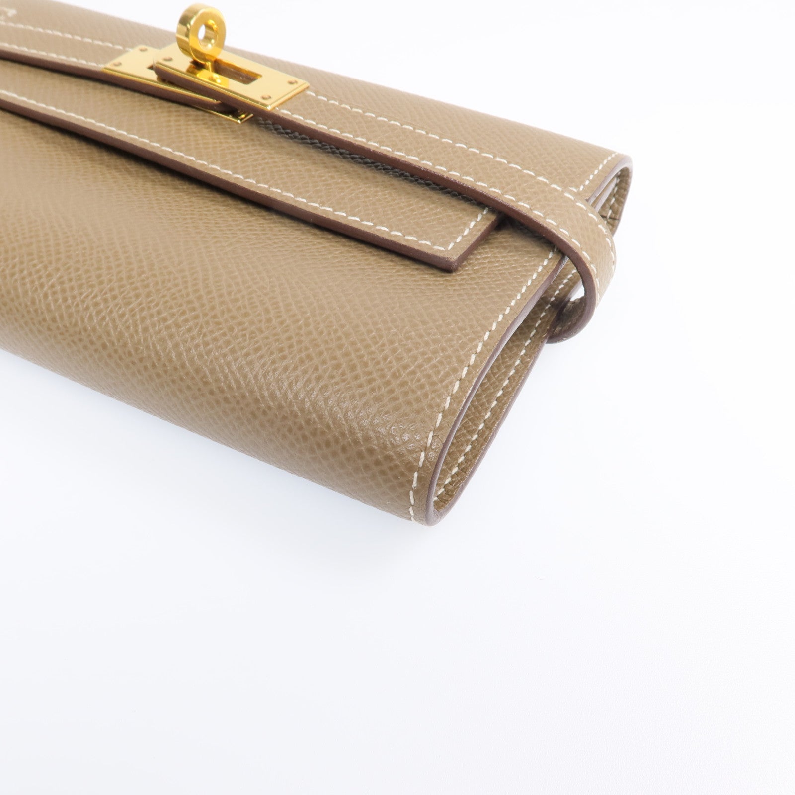 HERMES 【激減優惠】Epsom皮革Kelly Short Wallet金扣長錢包Etoupe
