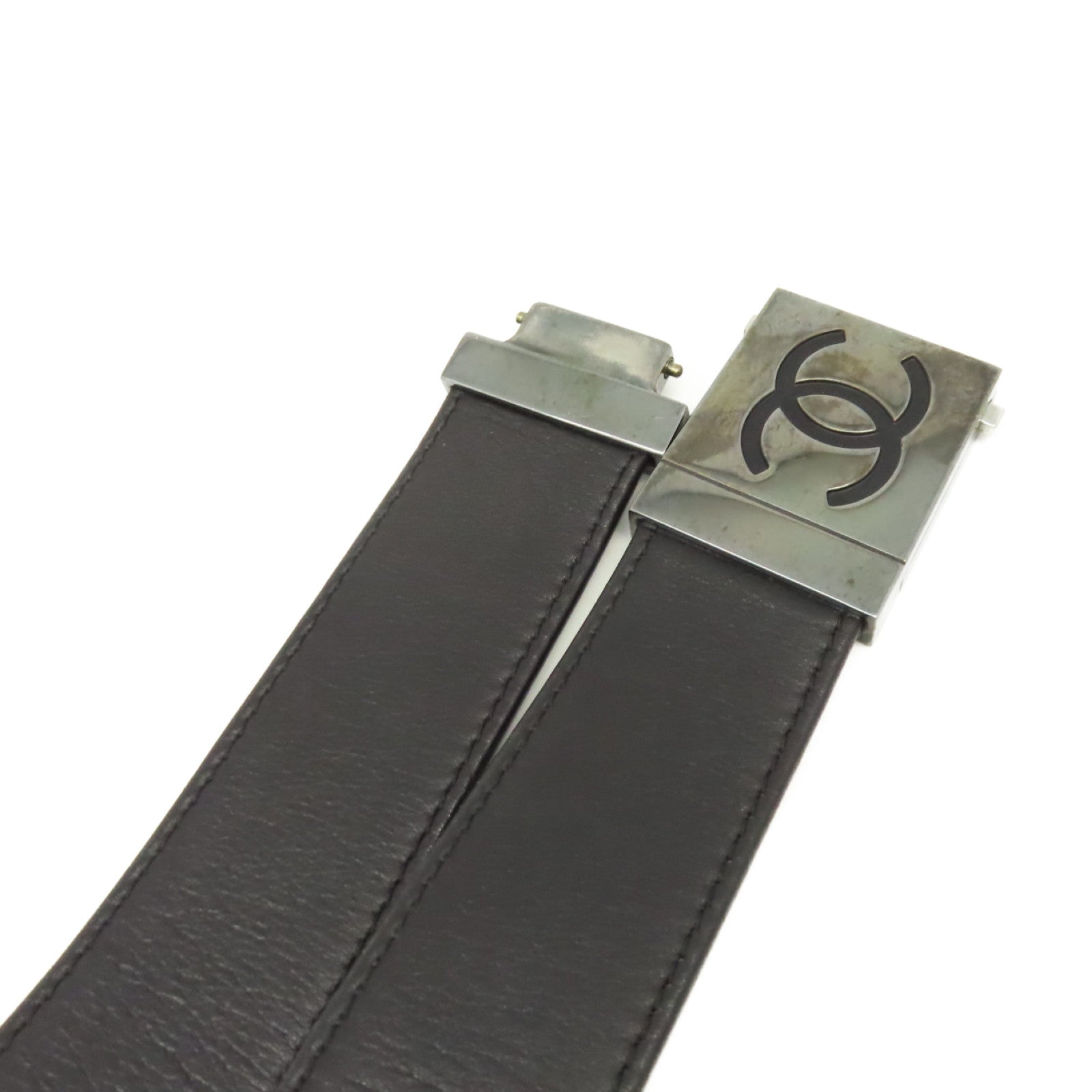 CHANEL 【激減優惠】金屬/牛皮皮革Belt銀扣皮帶黑色