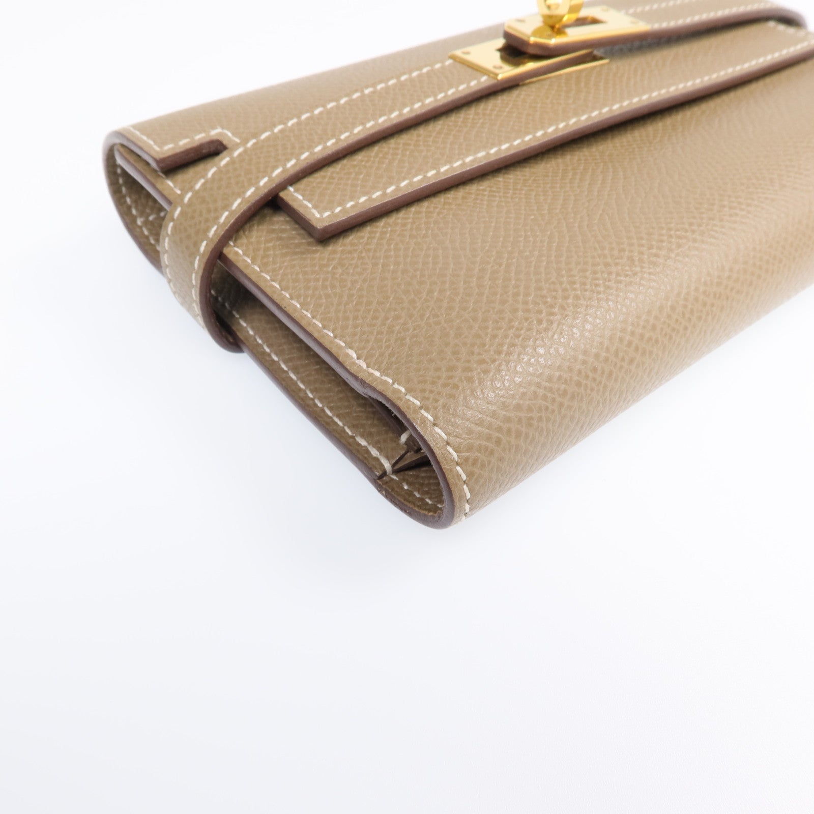 HERMES 【激減優惠】Epsom皮革Kelly Short Wallet金扣長錢包Etoupe