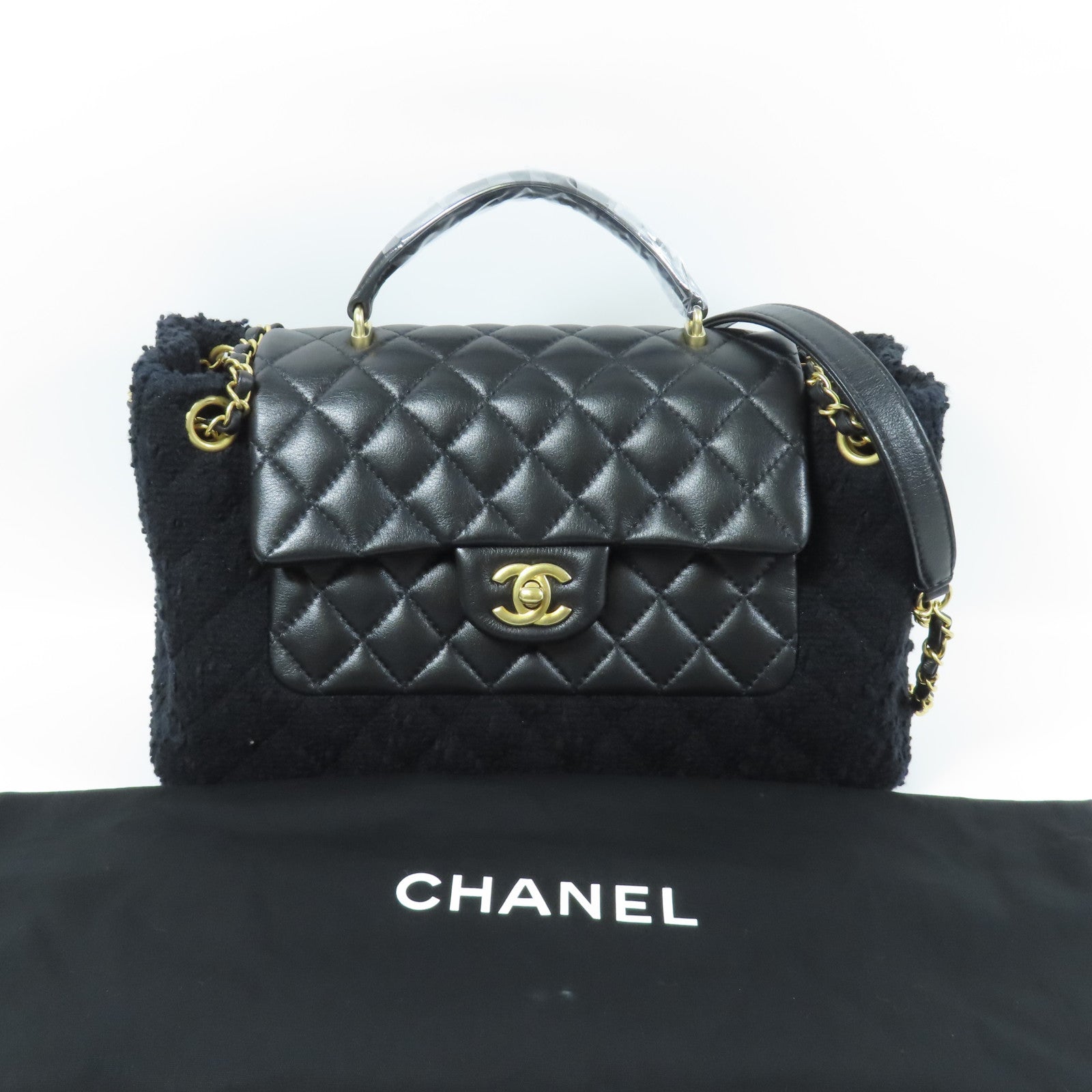 CHANEL 羊皮皮革/粗花呢2 Way Shoulder金扣手挽肩背兩用袋