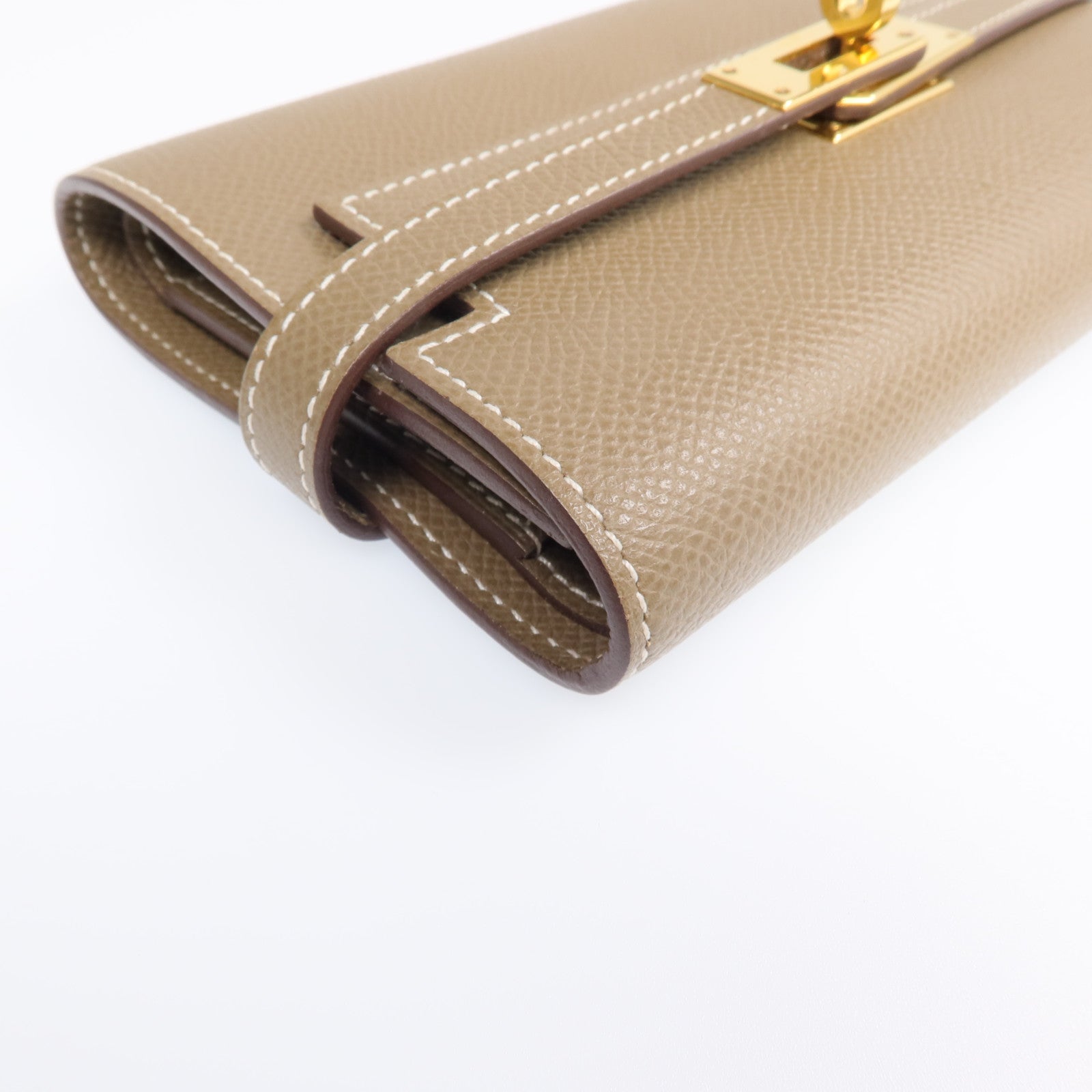 HERMES 【激減優惠】Epsom皮革Kelly Short Wallet金扣長錢包Etoupe
