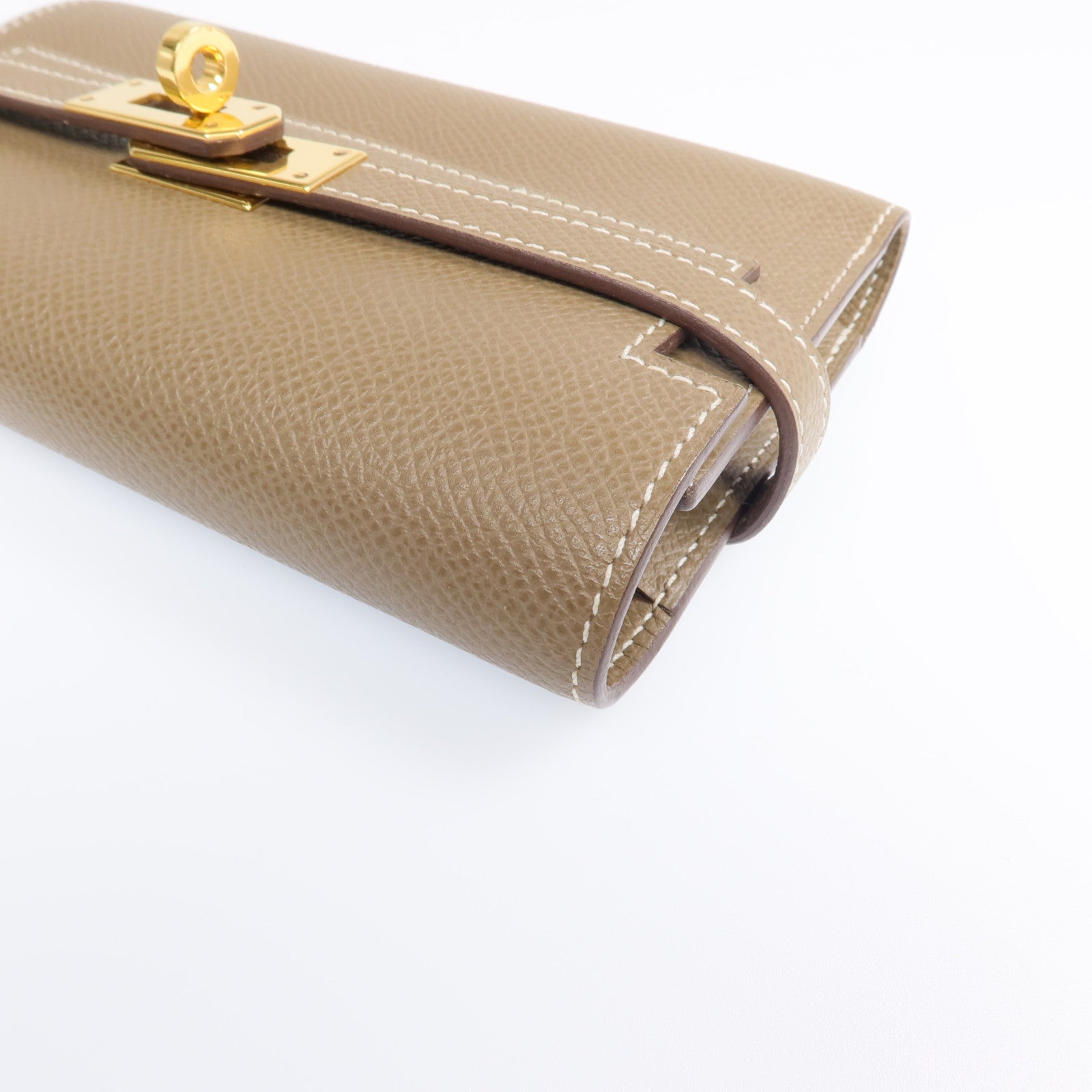 HERMES 【激減優惠】Epsom皮革Kelly Short Wallet金扣長錢包Etoupe