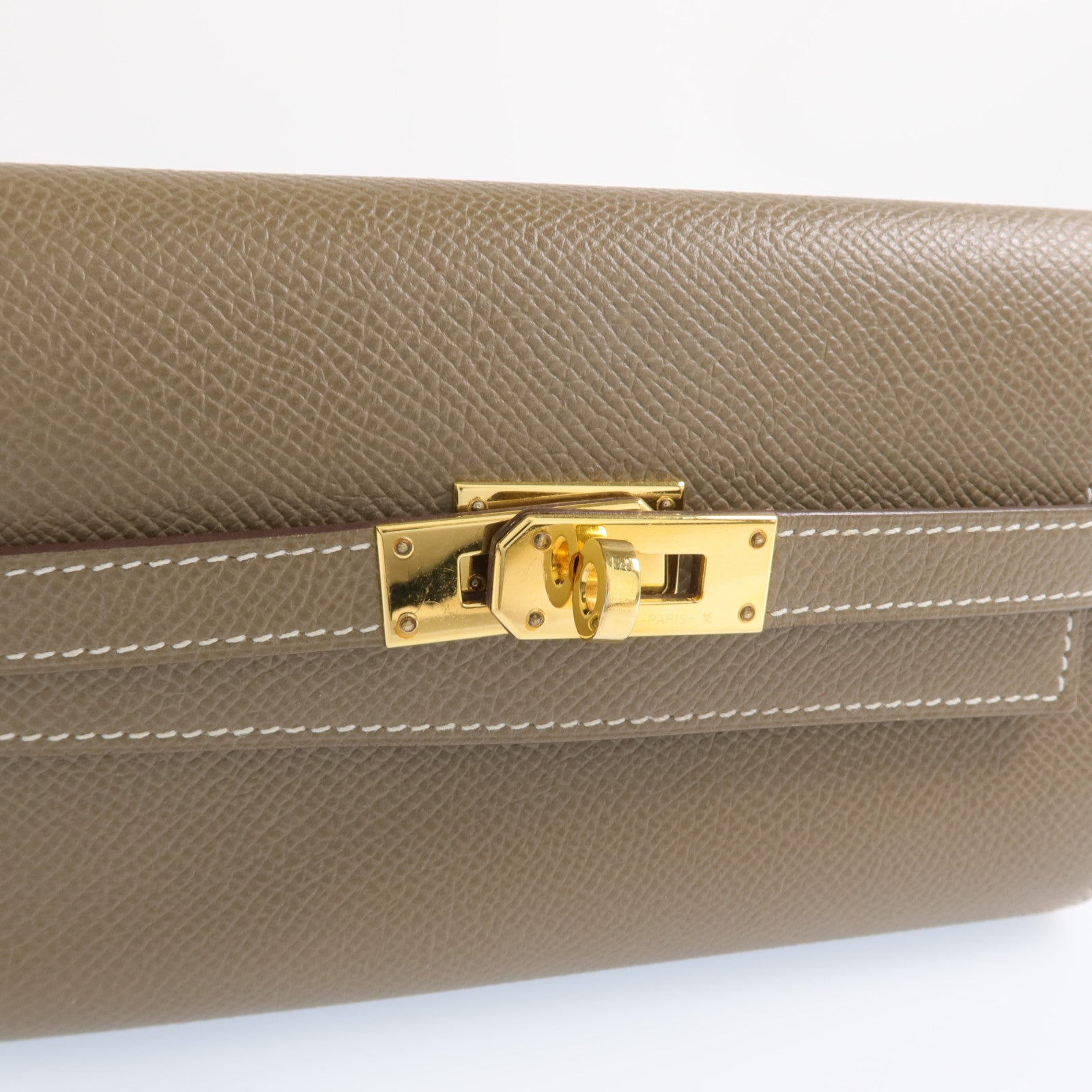 HERMES 【激減優惠】Epsom皮革Kelly Short Wallet金扣長錢包Etoupe