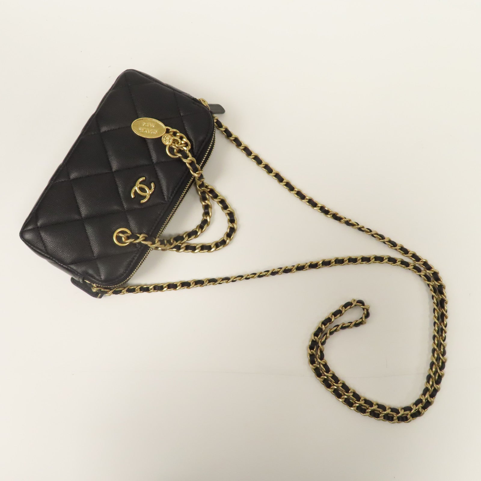 CHANEL 菱格Caviar皮革2 Way Chain Shoulder金扣鏈帶手挽肩背兩用袋黑色