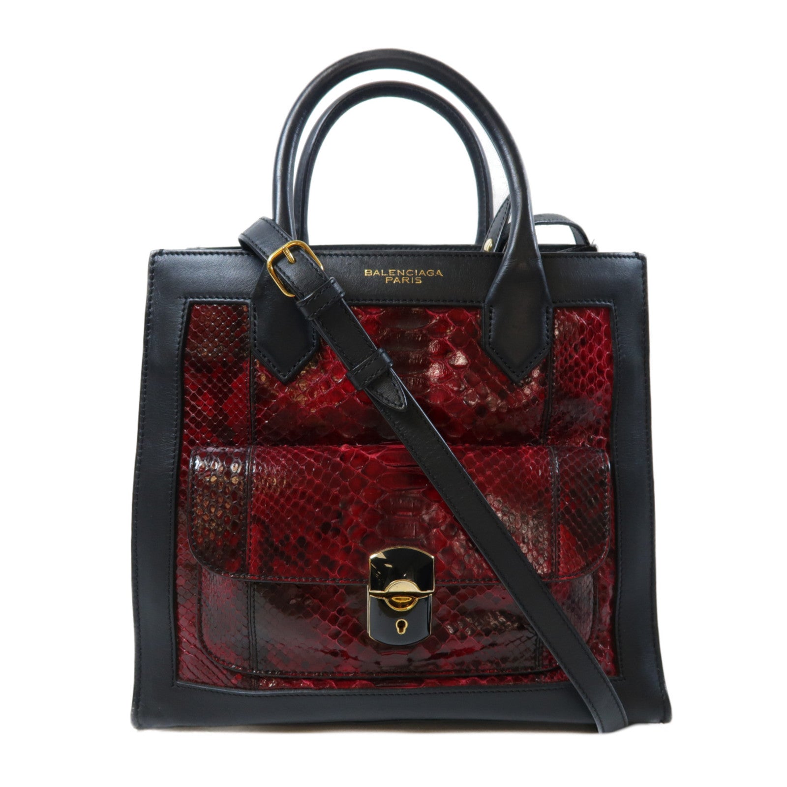BALENCIAGA 【激減優惠】蛇皮皮革/牛皮皮革2 Way Shoulder Bag金扣手挽肩背兩用袋紅色/黑色