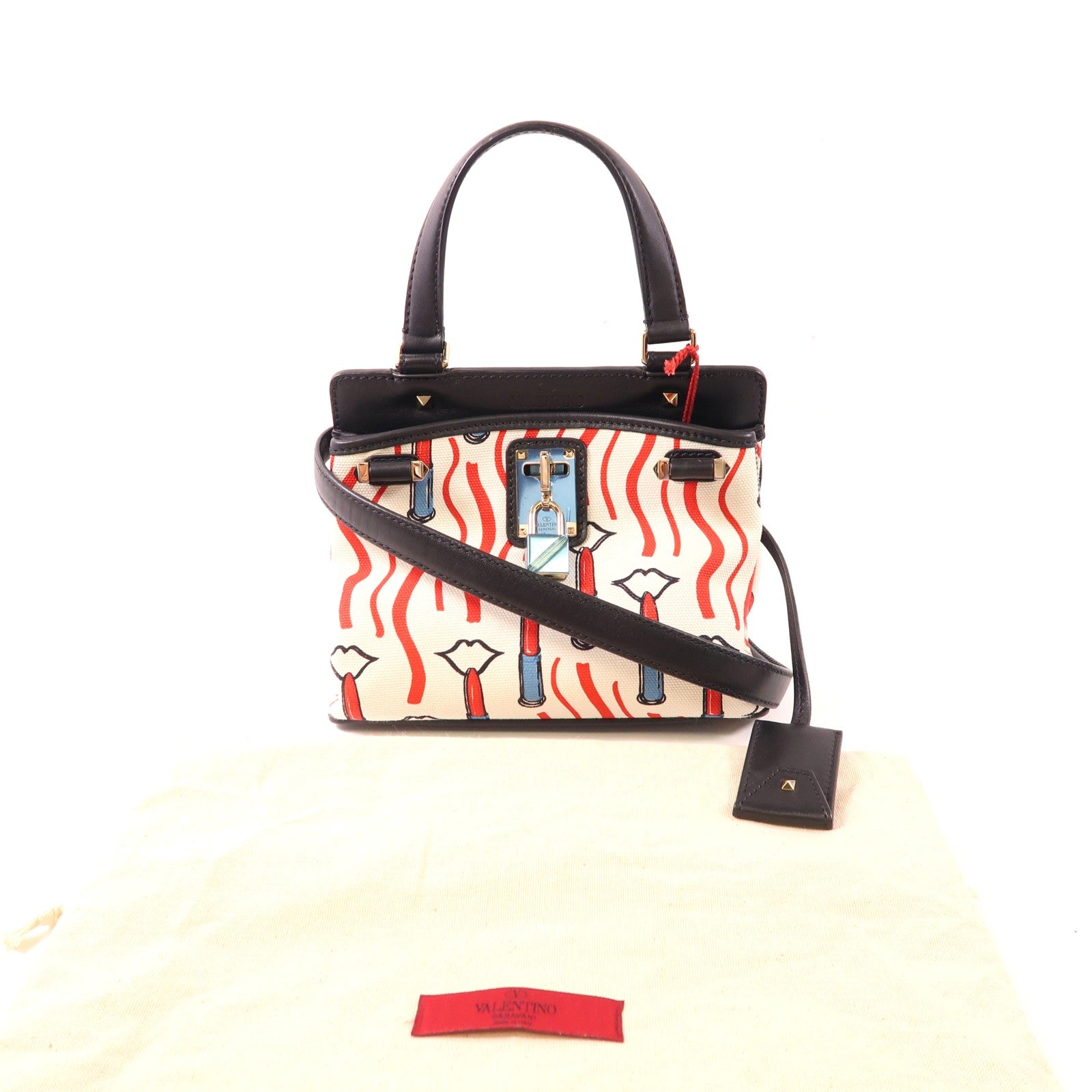 Valentino 2 Way Shoulder Bag Calfskin Leather Canvas Black White Red