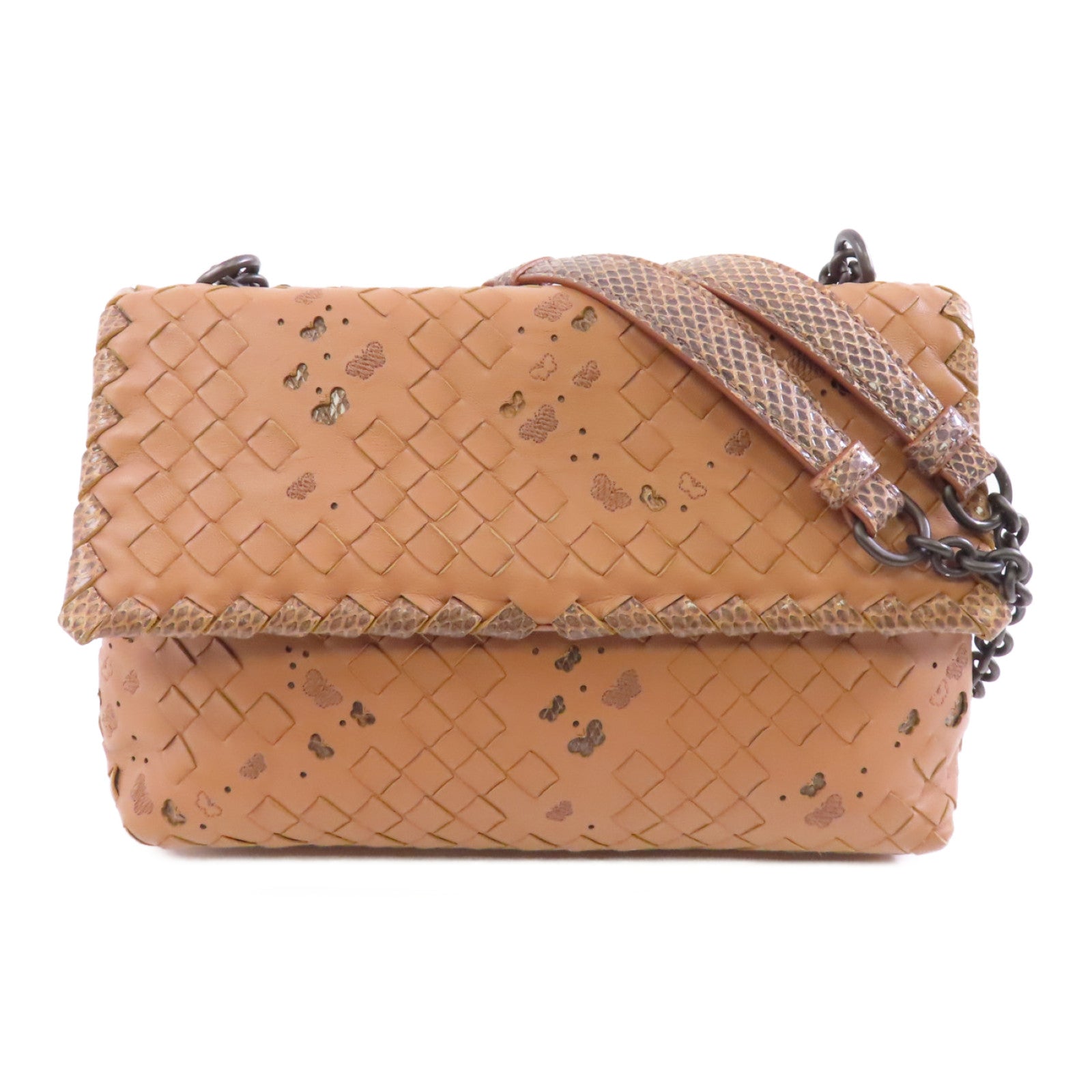 BOTTEGA VENETA 【激減優惠】織紋皮革/蛇皮皮革Chain Shoulder Bag鏈帶肩背袋杏色