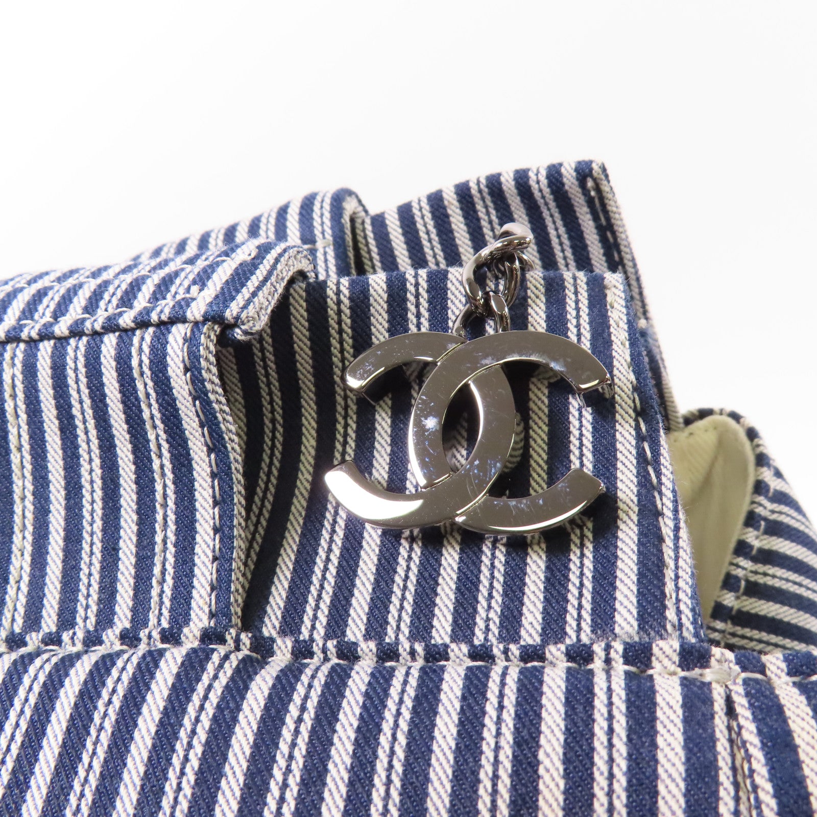 CHANEL 帆布CC Striped Tote Bag銀扣手挽袋