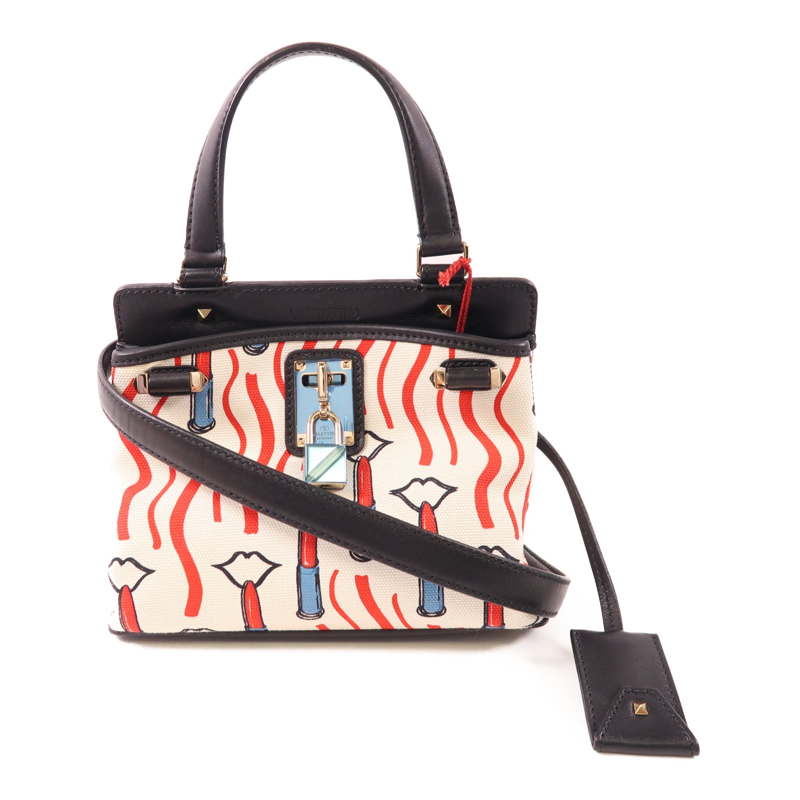 Valentino 2 Way Shoulder Bag Calfskin Leather Canvas Black White Red