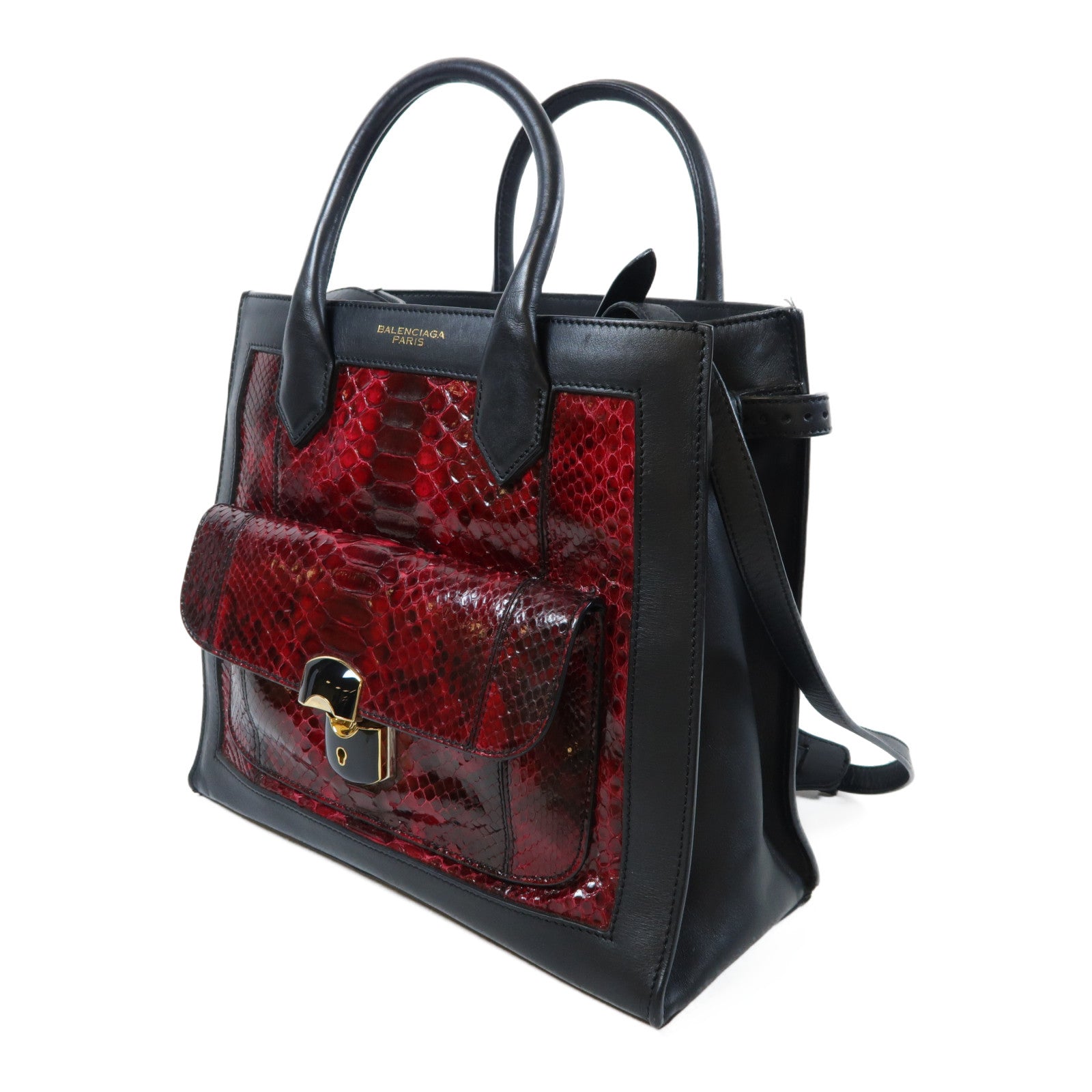 BALENCIAGA 【激減優惠】蛇皮皮革/牛皮皮革2 Way Shoulder Bag金扣手挽肩背兩用袋紅色/黑色