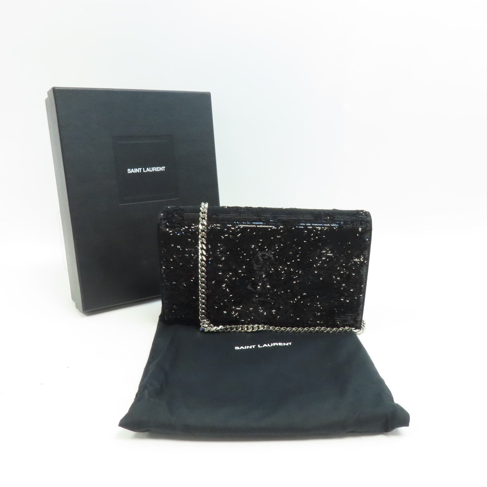 YVES SAINT LAURENT 亮片Chain Shoulder銀扣鏈帶肩背袋黑色