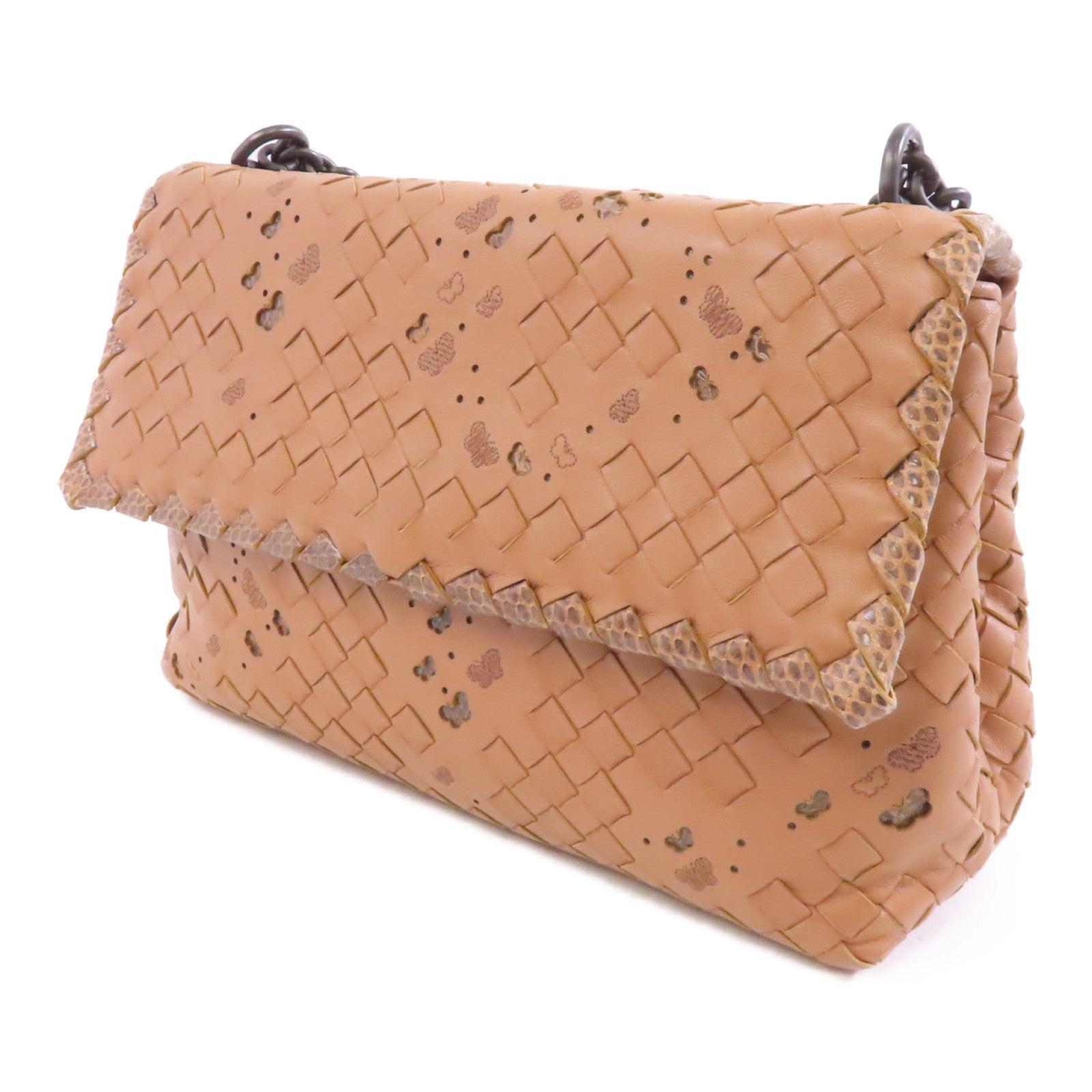 BOTTEGA VENETA 【激減優惠】織紋皮革/蛇皮皮革Chain Shoulder Bag鏈帶肩背袋杏色
