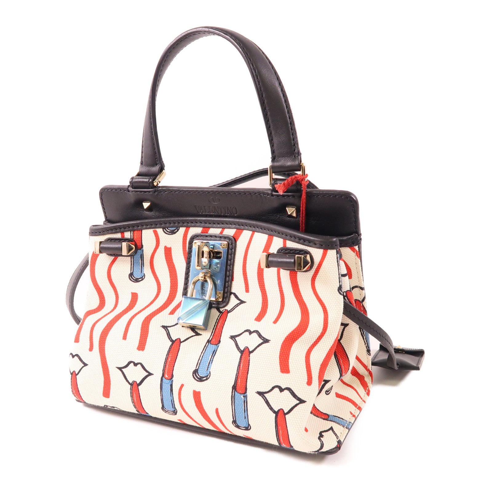 Valentino 2 Way Shoulder Bag Calfskin Leather Canvas Black White Red