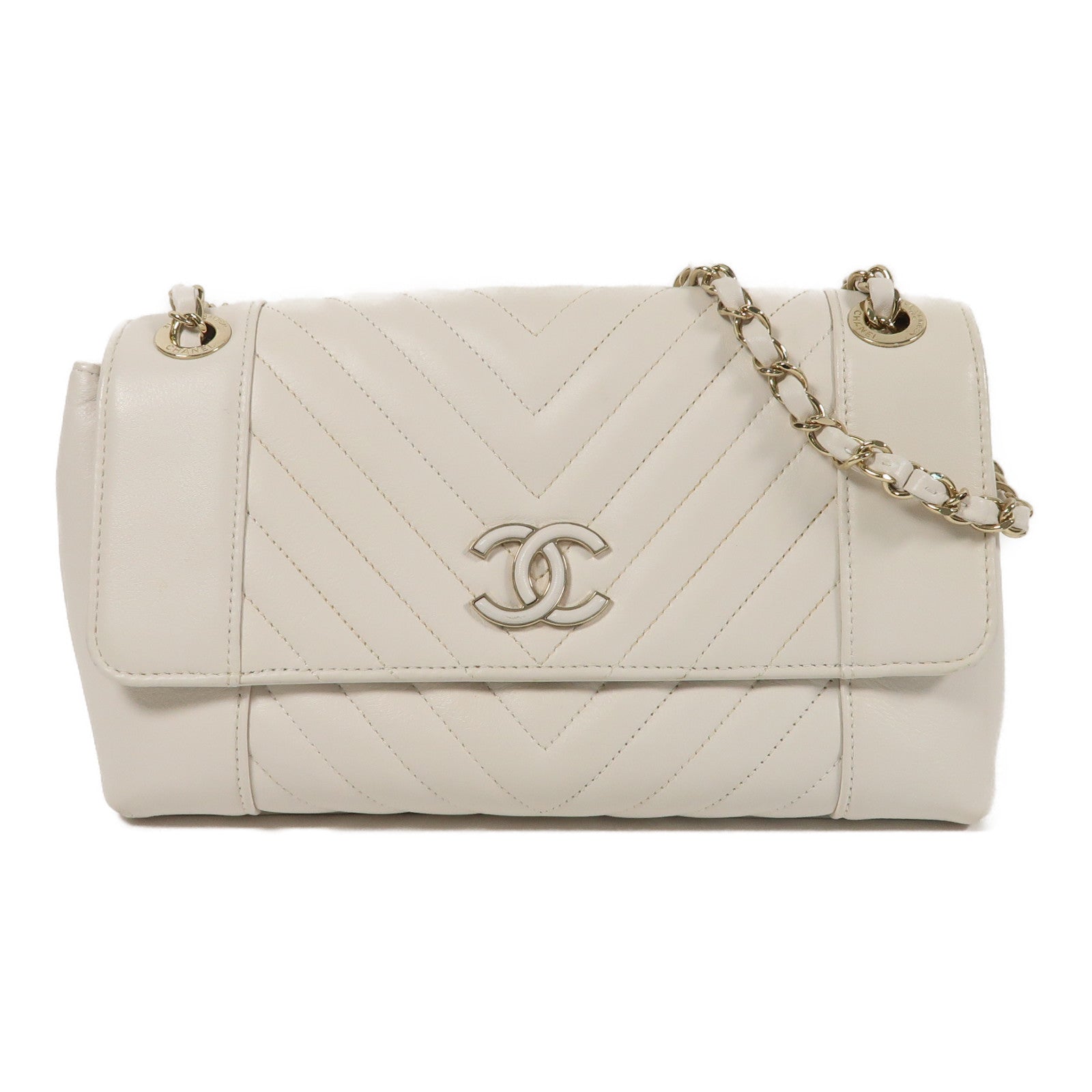 CHANEL Herringbone CC GHW Chain Shoulder Bag Calfskin Leather White