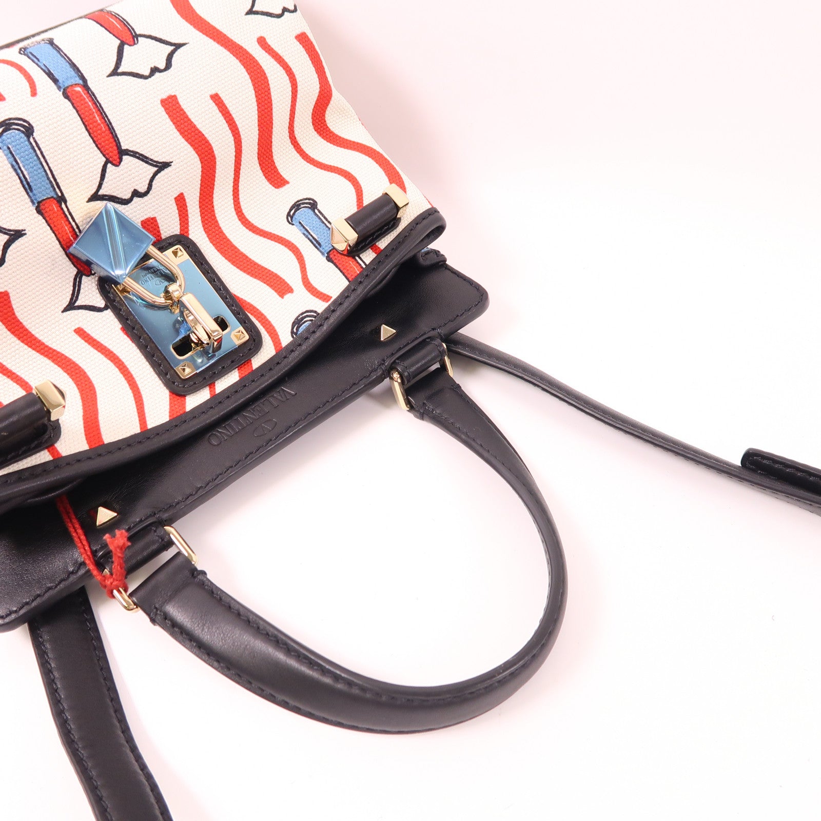 Valentino 2 Way Shoulder Bag Calfskin Leather Canvas Black White Red