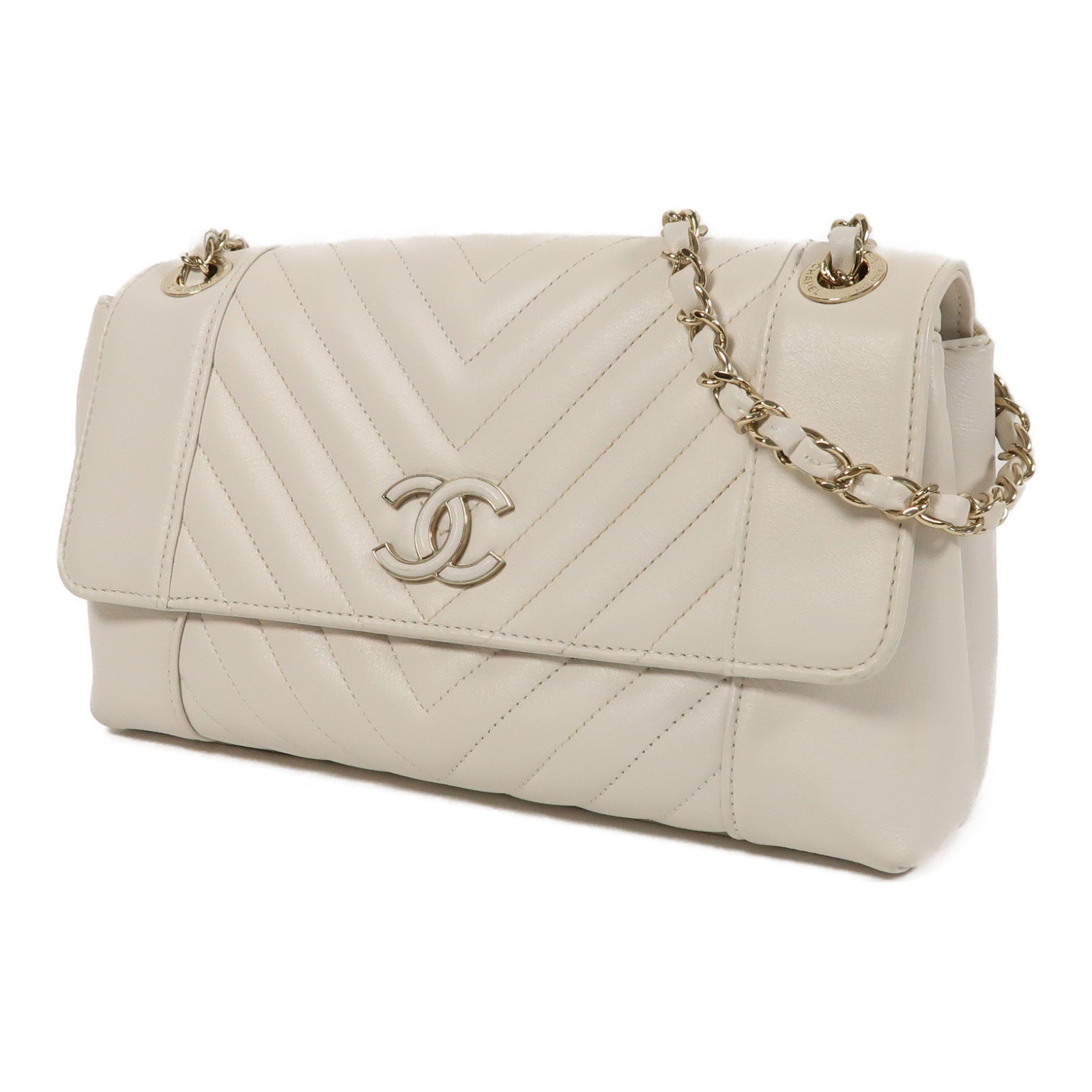 CHANEL 斜紋牛皮皮革Chain Shoulder金扣鏈帶肩背袋白色