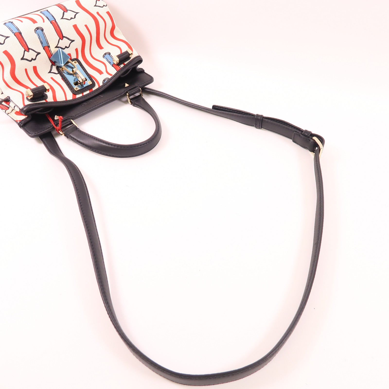 Valentino 2 Way Shoulder Bag Calfskin Leather Canvas Black White Red