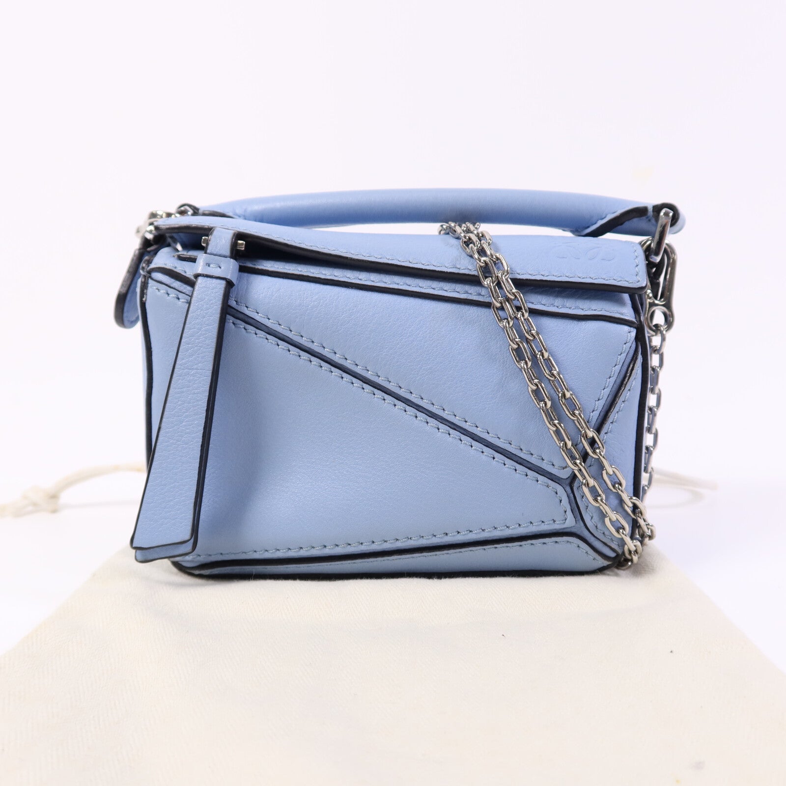 LOEWE 羊皮皮革Nano Puzzle銀扣鏈帶手挽肩背兩用袋