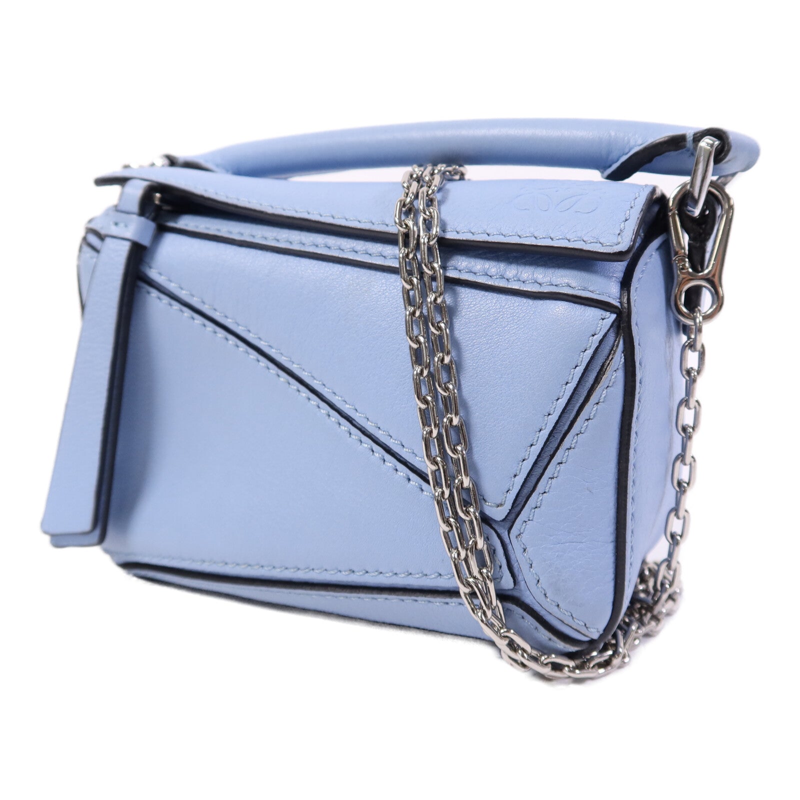 LOEWE 羊皮皮革Nano Puzzle銀扣鏈帶手挽肩背兩用袋