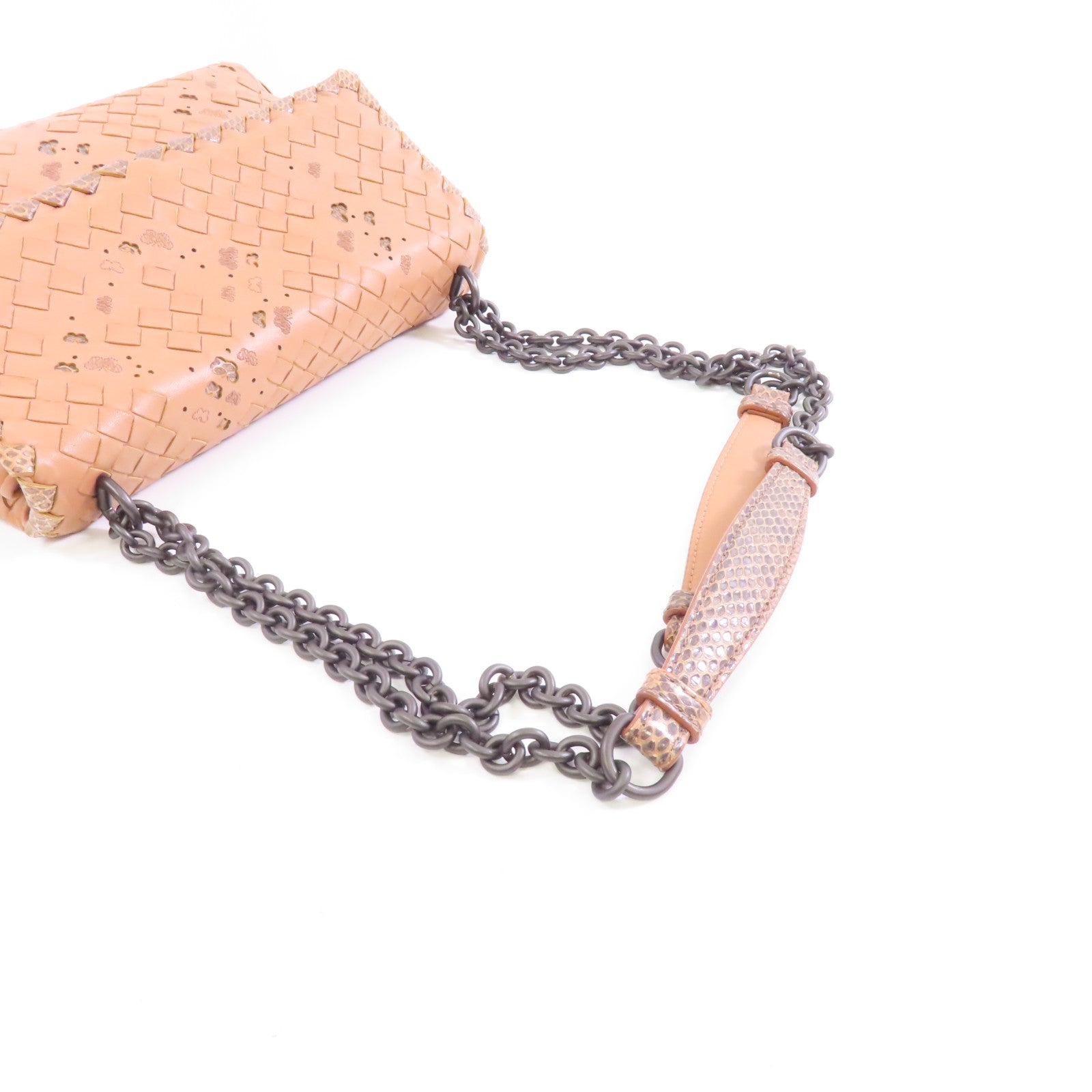 BOTTEGA VENETA 【激減優惠】織紋皮革/蛇皮皮革Chain Shoulder Bag鏈帶肩背袋杏色