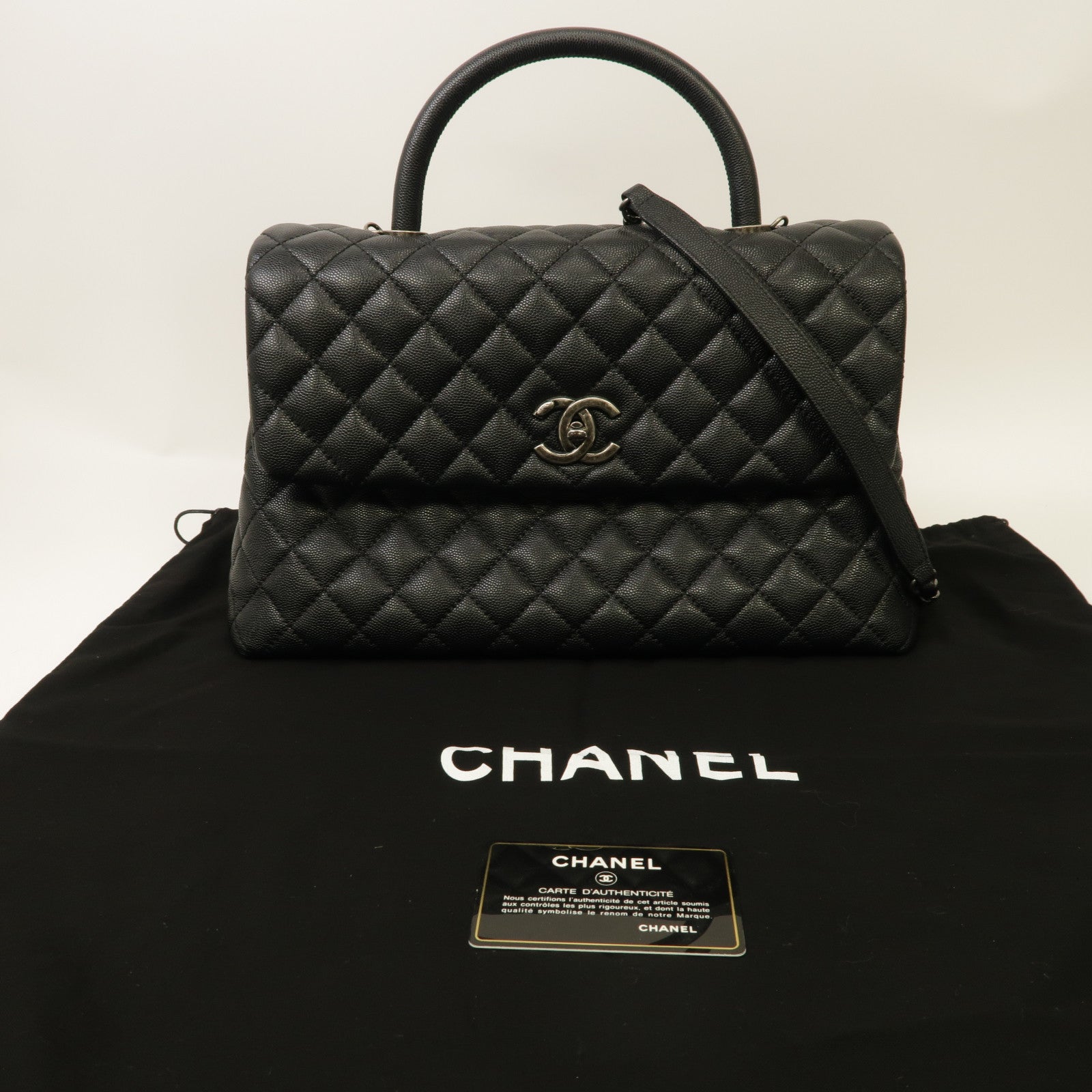 CHANEL 菱格Caviar皮革CoCo Handle銀扣手挽肩背兩用袋黑色