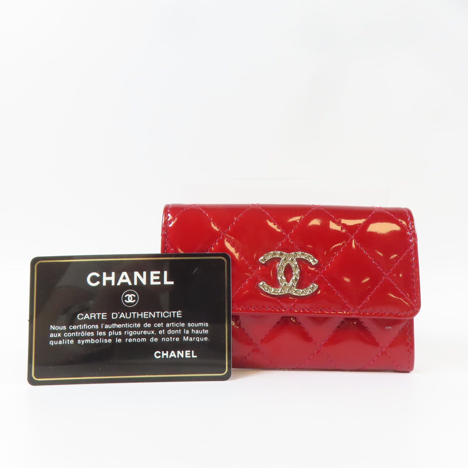 CHANEL 菱格漆皮皮革Card Case金扣/銀扣卡片套紅色