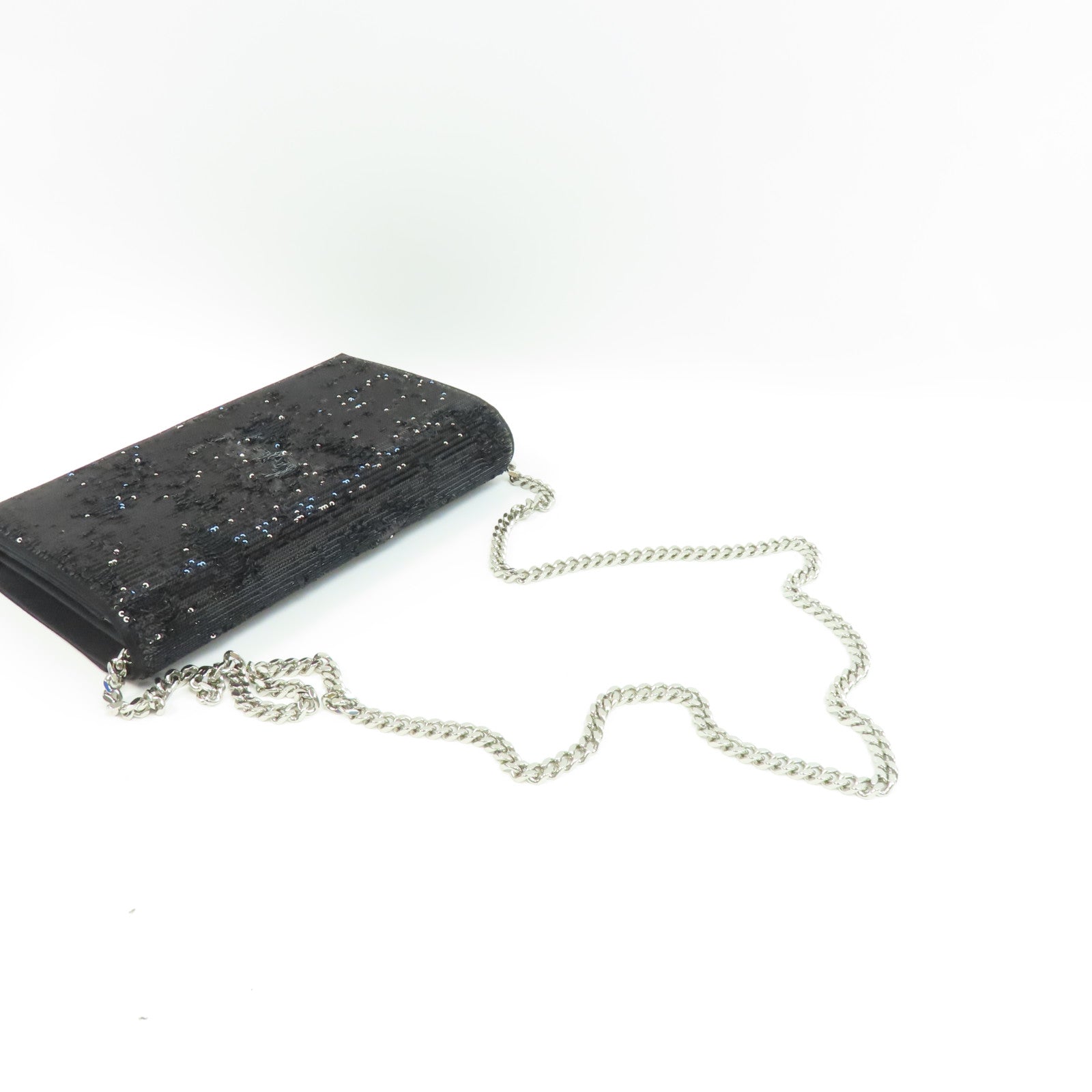 YVES SAINT LAURENT 亮片Chain Shoulder銀扣鏈帶肩背袋黑色