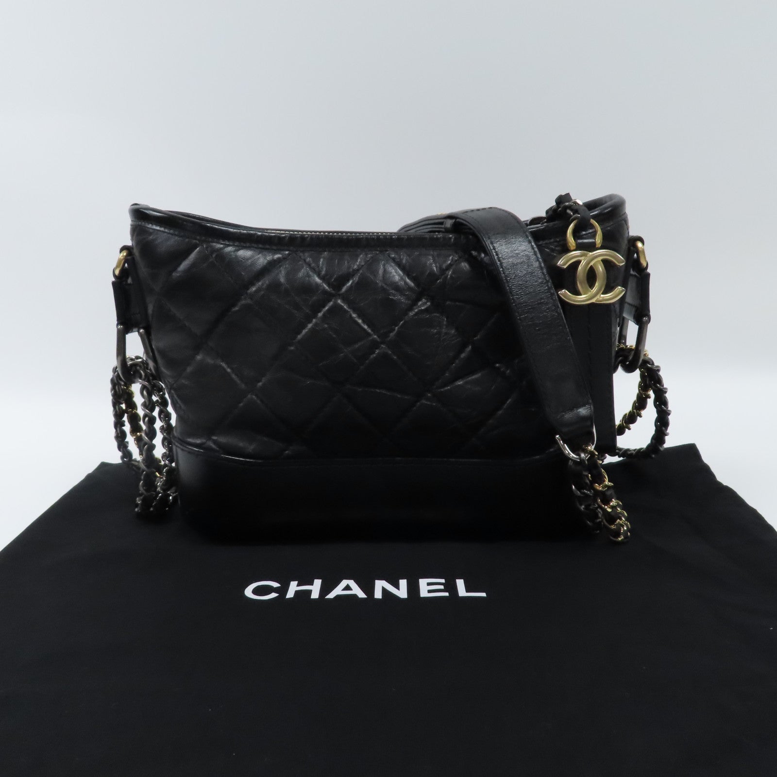 CHANEL 菱格牛皮皮革Gabrielle金扣/銀扣鏈帶肩背袋黑色
