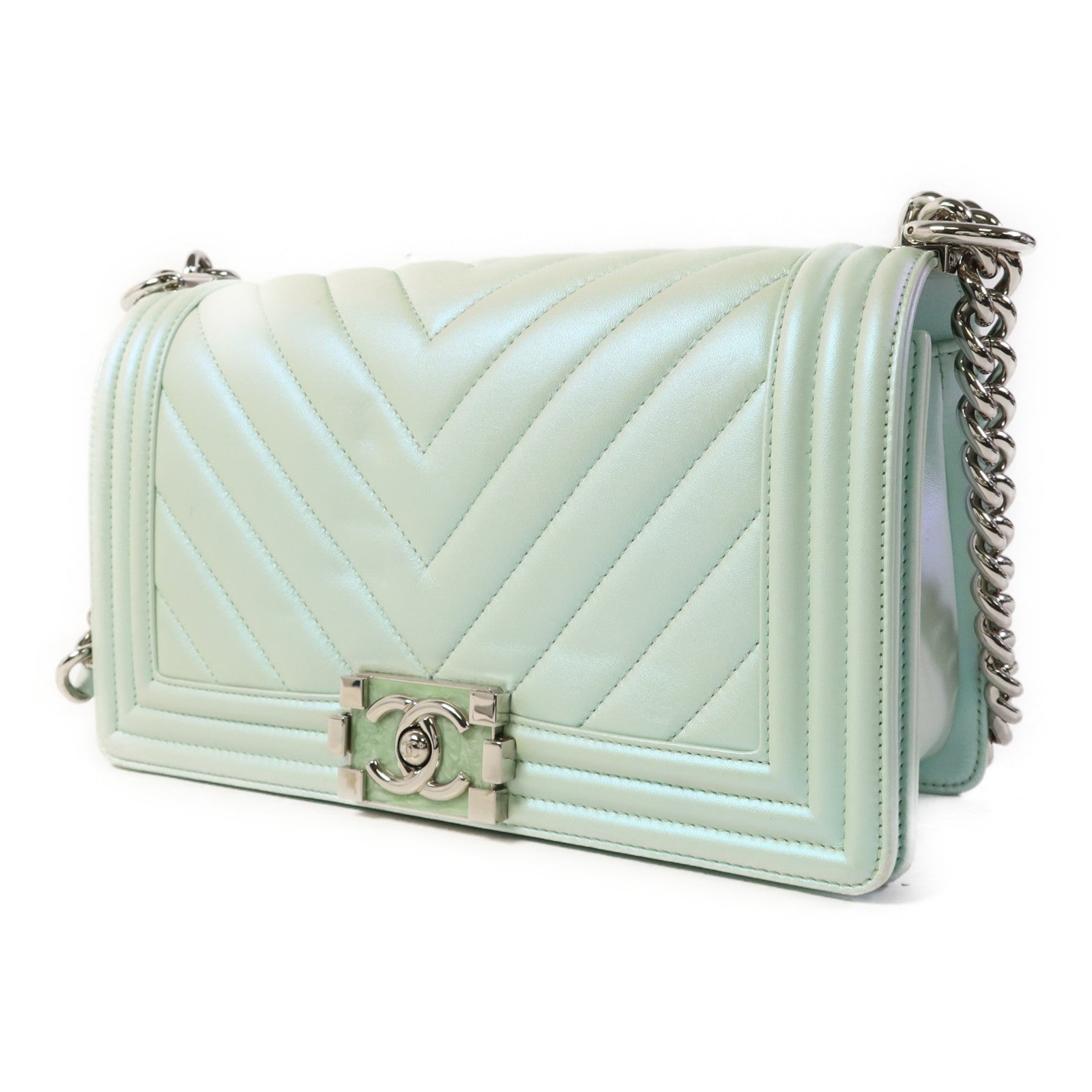 CHANEL 牛皮皮革Boy 25銀扣鏈帶肩背袋