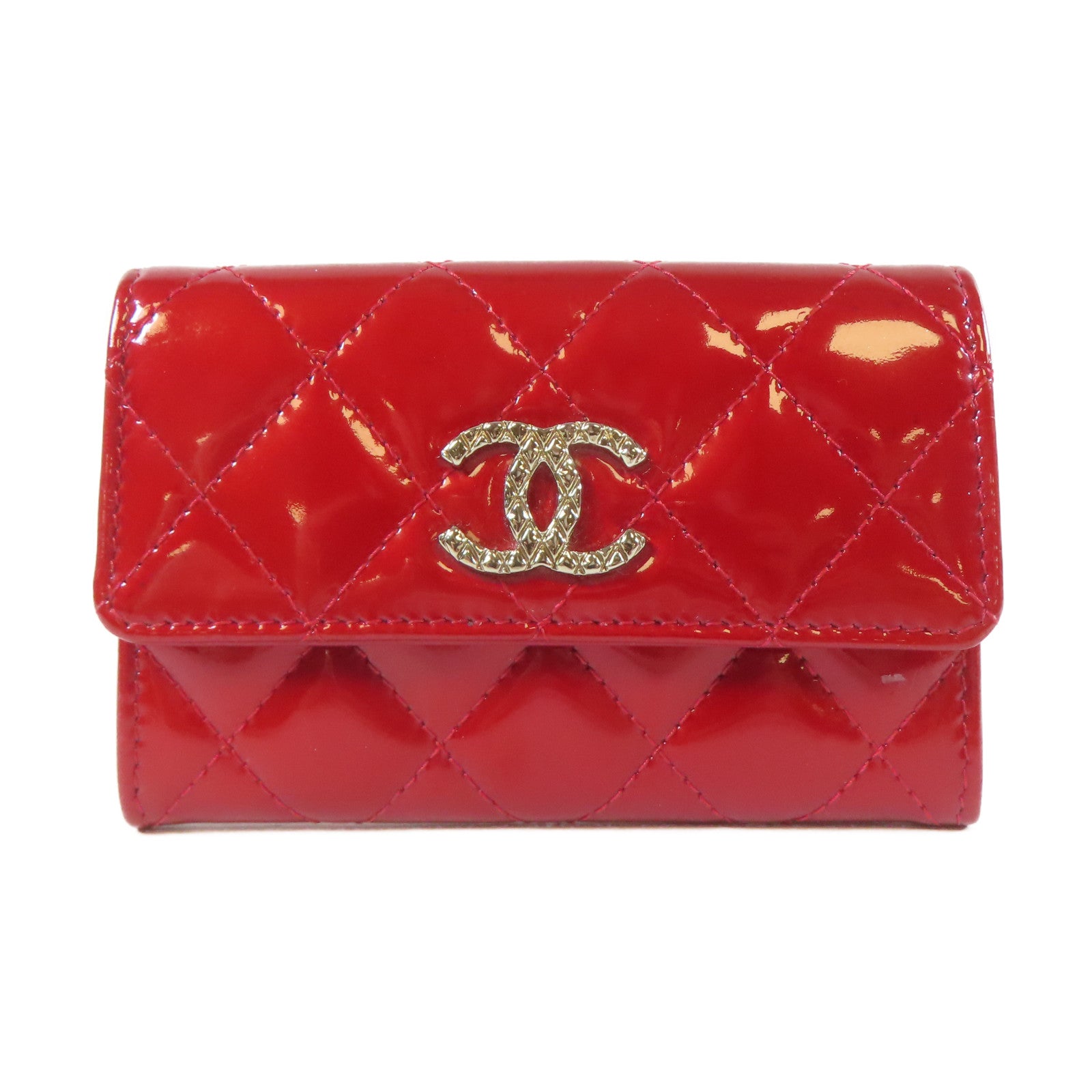 CHANEL 菱格漆皮皮革Card Case金扣/銀扣卡片套紅色