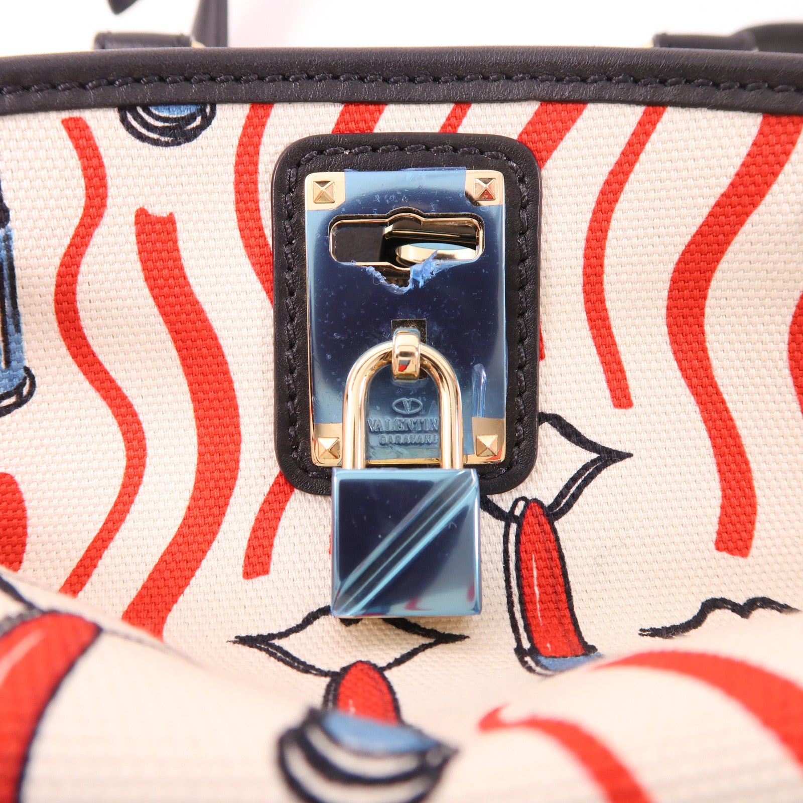 Valentino 2 Way Shoulder Bag Calfskin Leather Canvas Black White Red