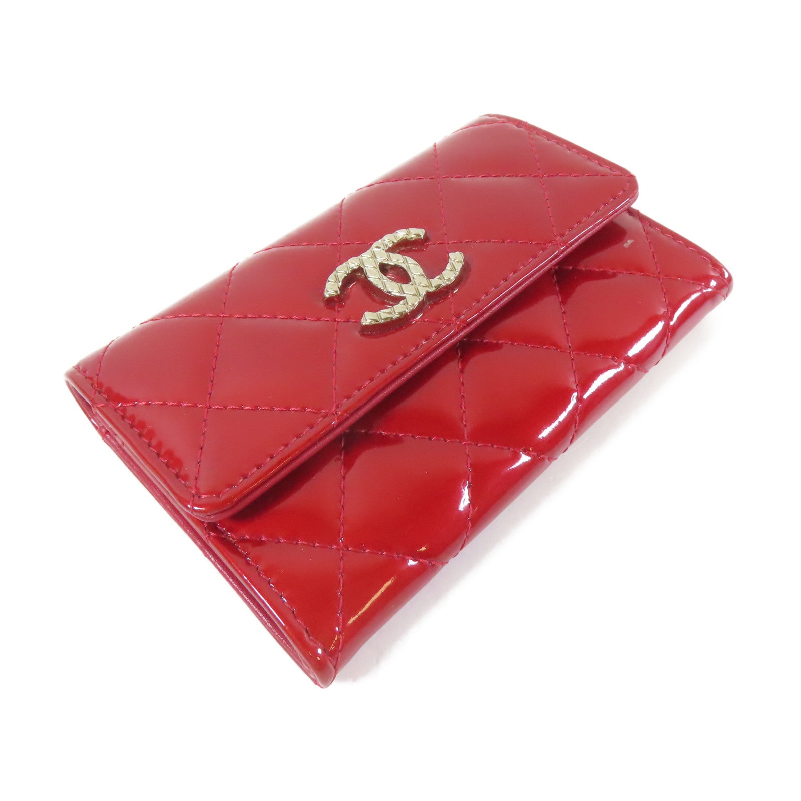CHANEL 菱格漆皮皮革Card Case金扣/銀扣卡片套紅色