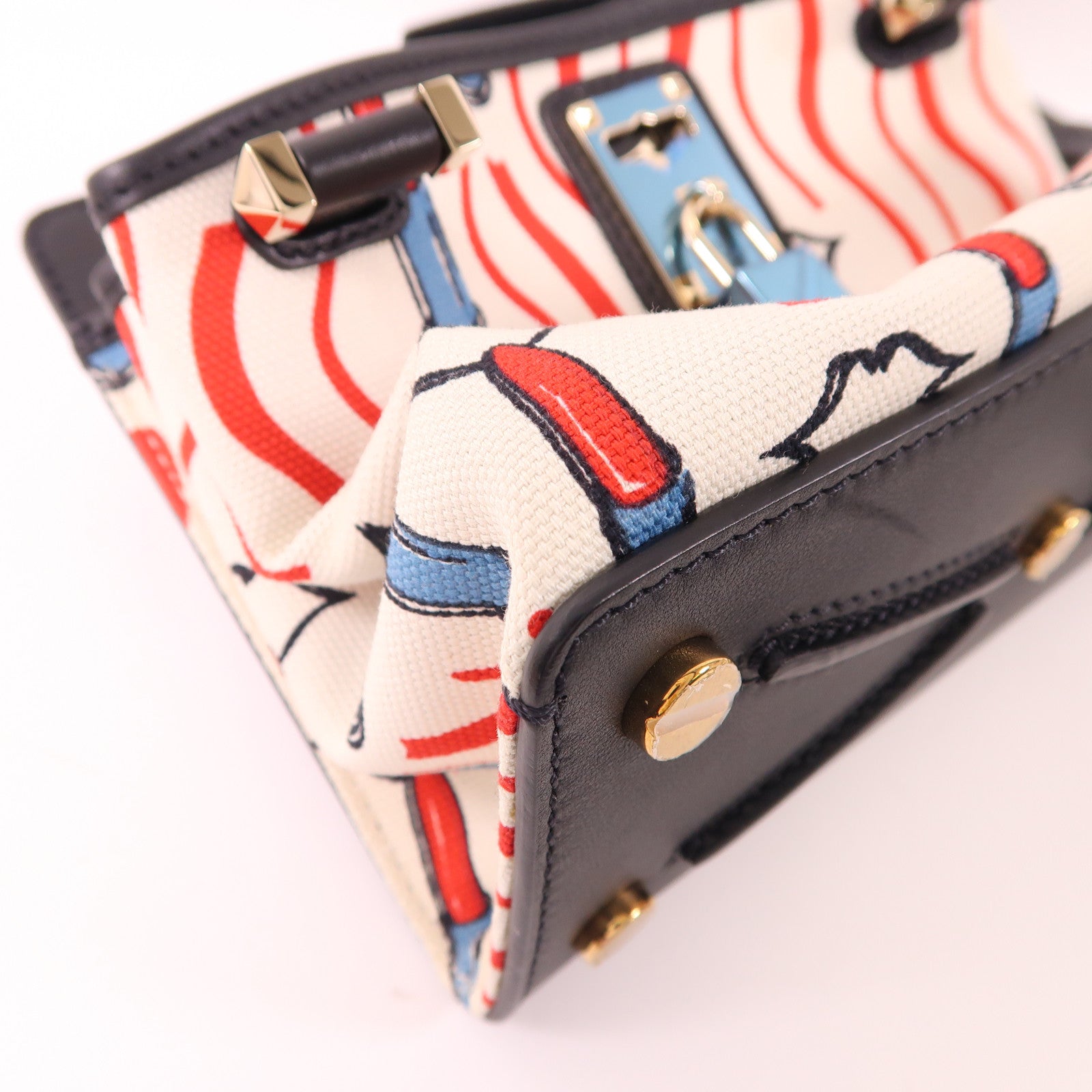 Valentino 2 Way Shoulder Bag Calfskin Leather Canvas Black White Red