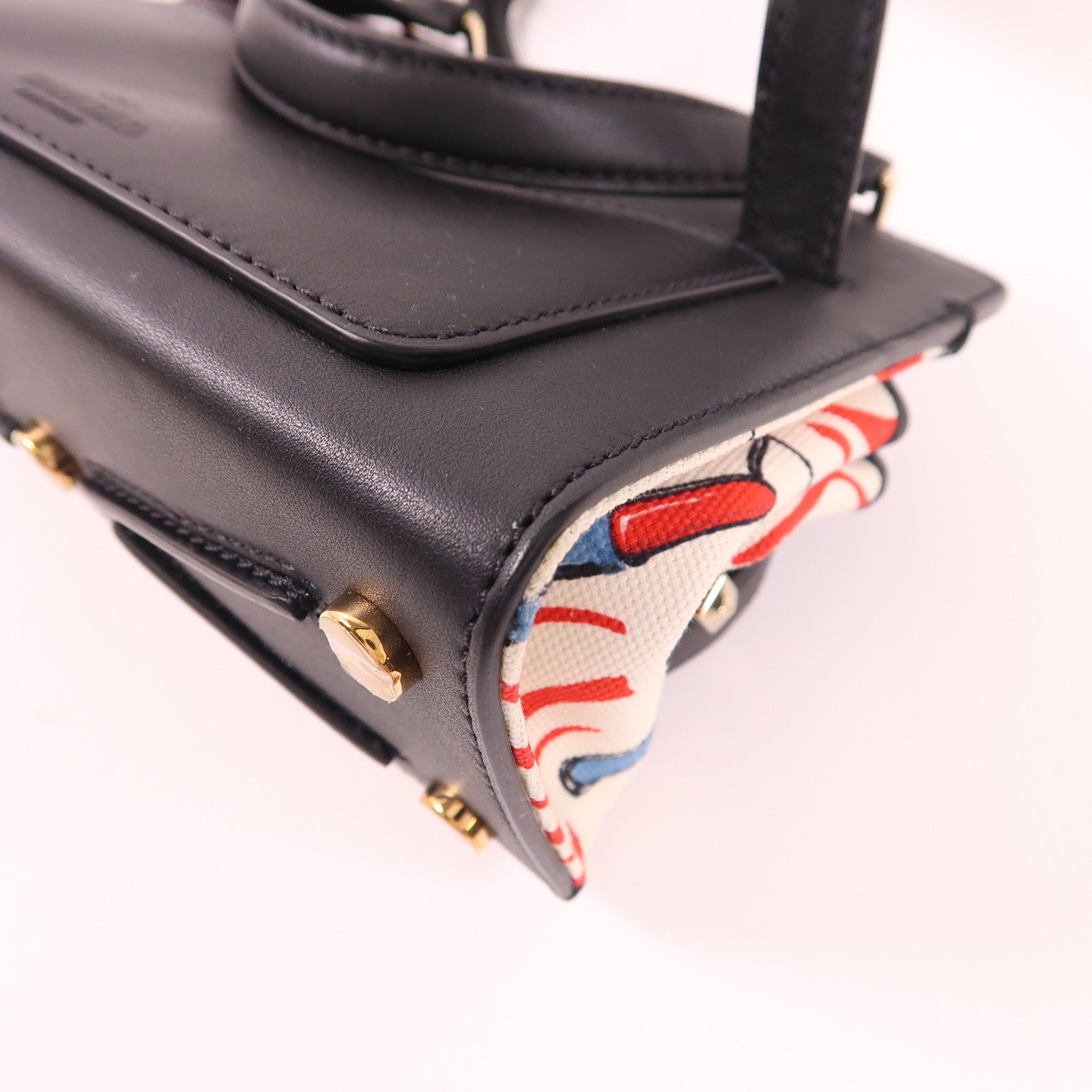 Valentino 2 Way Shoulder Bag Calfskin Leather Canvas Black White Red