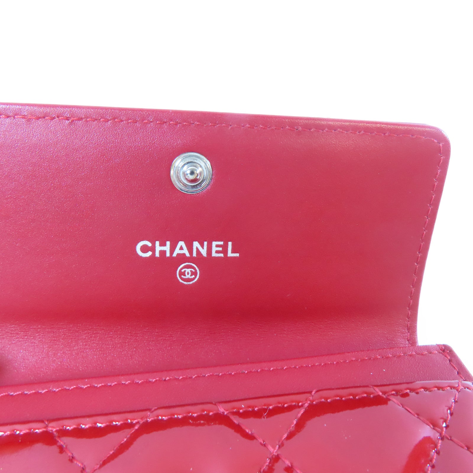 CHANEL 菱格漆皮皮革Card Case金扣/銀扣卡片套紅色