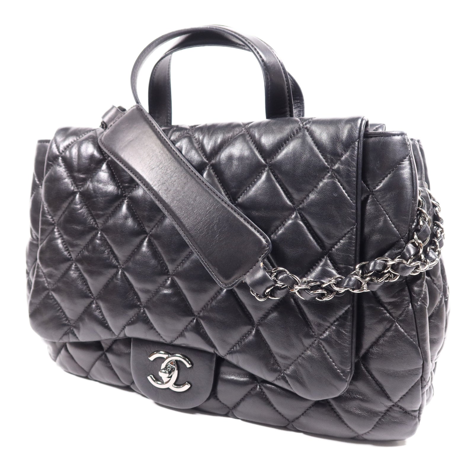 CHANEL 羊皮皮革3 Compartment Top Quilted銀扣鏈帶手挽肩背兩用袋