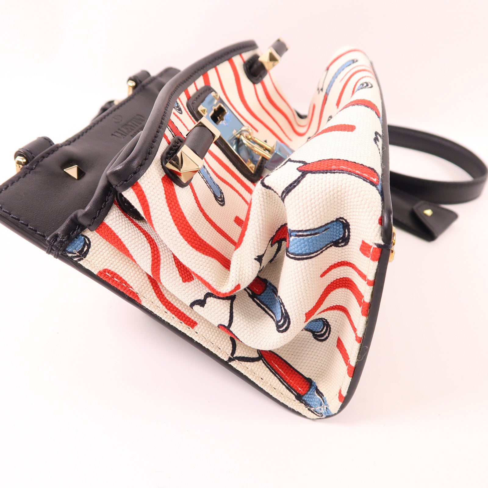 Valentino 2 Way Shoulder Bag Calfskin Leather Canvas Black White Red