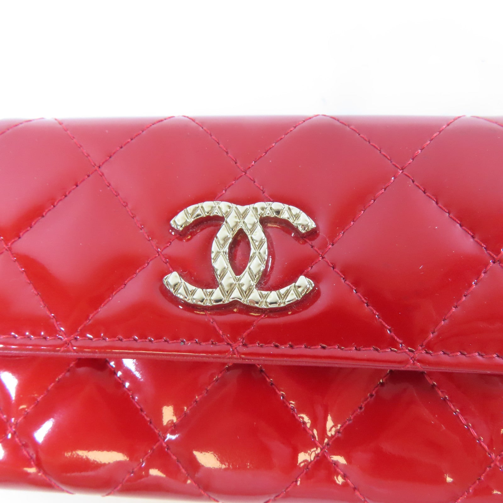 CHANEL 菱格漆皮皮革Card Case金扣/銀扣卡片套紅色