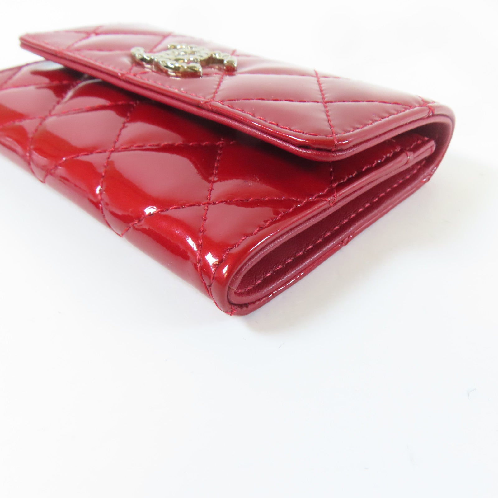 CHANEL 菱格漆皮皮革Card Case金扣/銀扣卡片套紅色