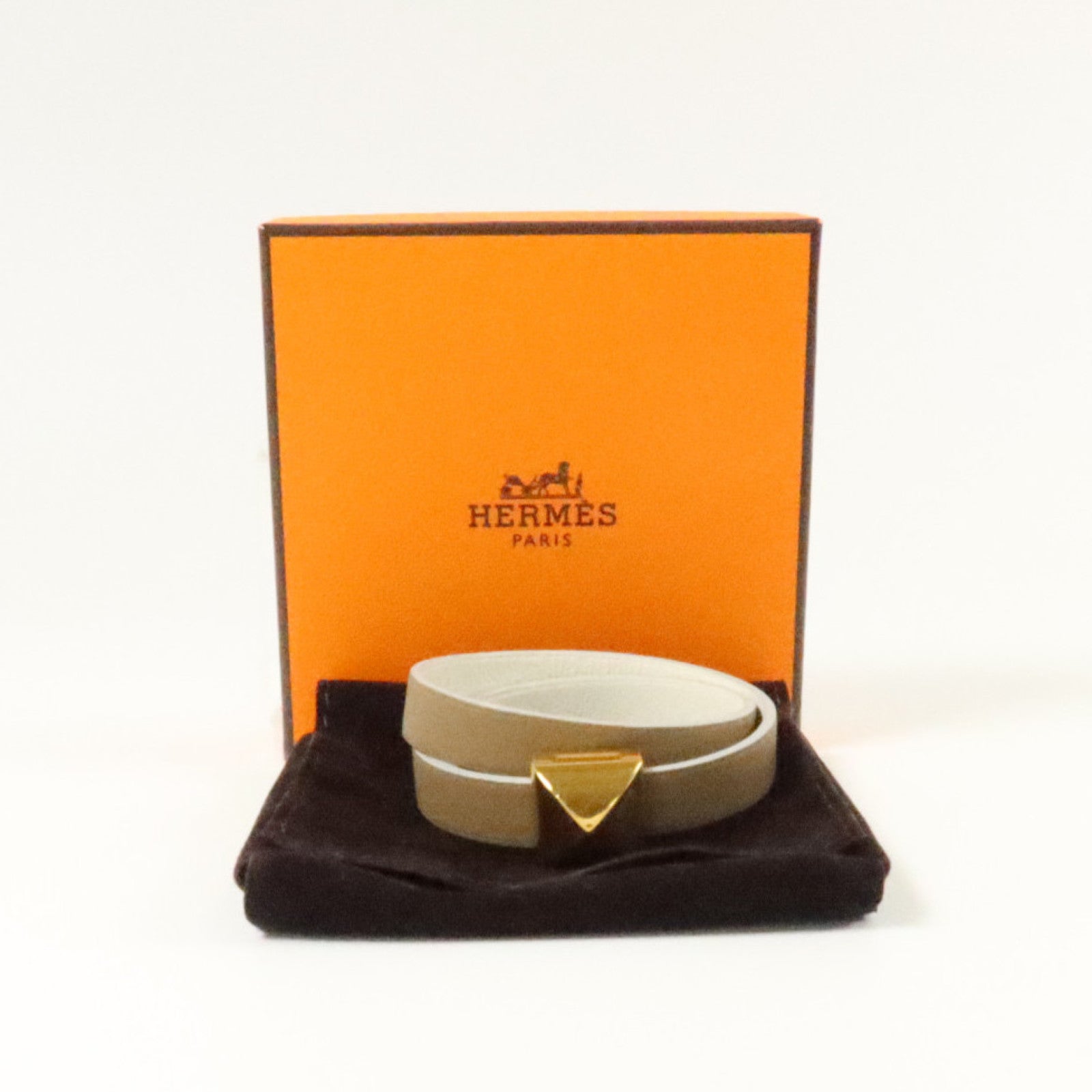 HERMES Swift皮革Medor Infini Double金扣手鏈Etoupe/Blanc