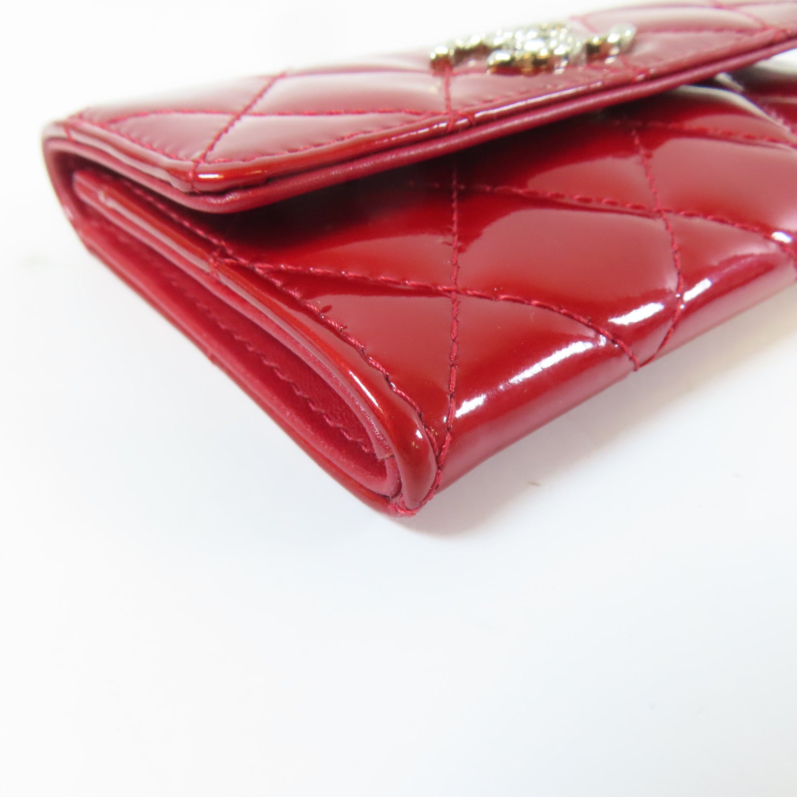 CHANEL 菱格漆皮皮革Card Case金扣/銀扣卡片套紅色