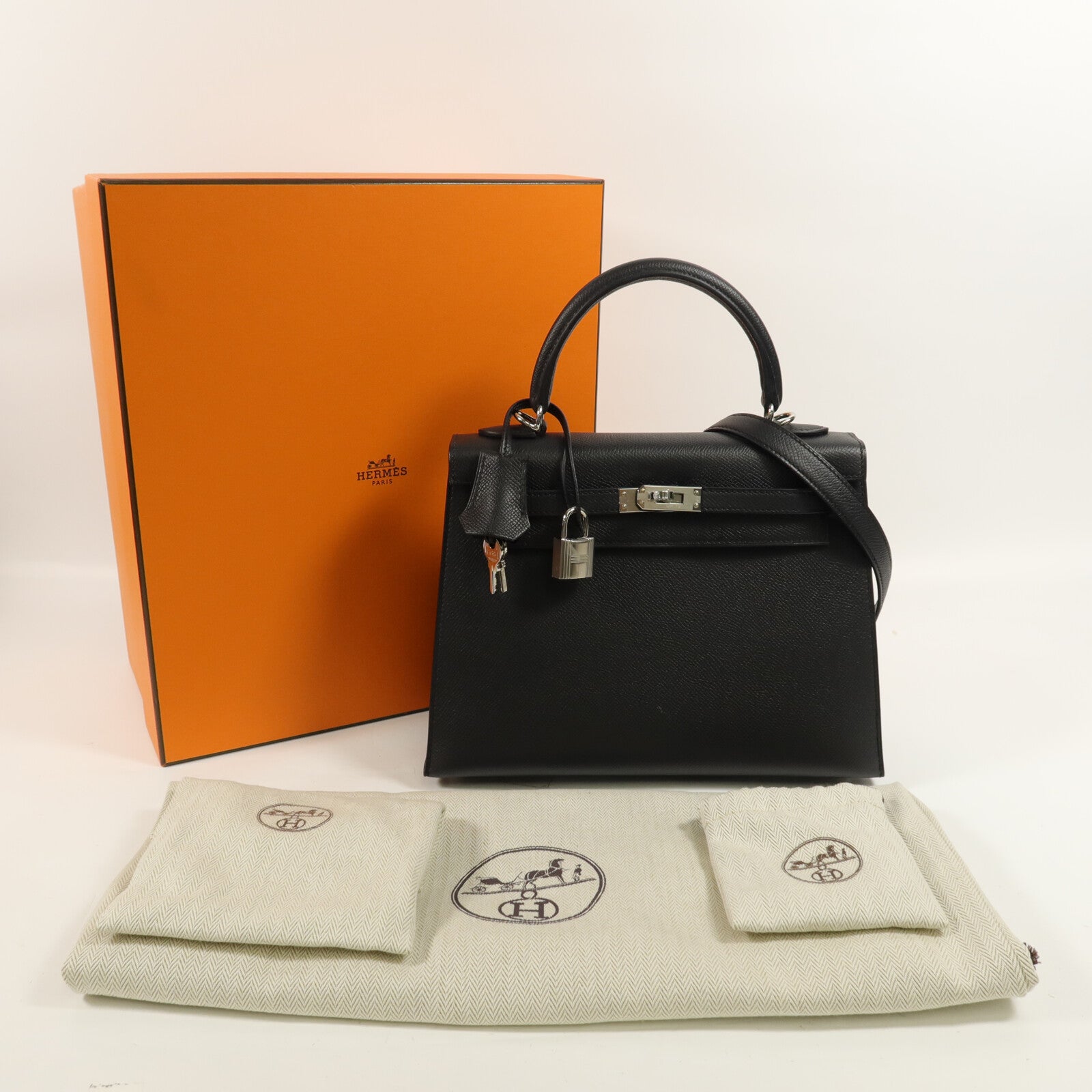 HERMES Epsom皮革Kelly 25手挽肩背兩用袋Noir