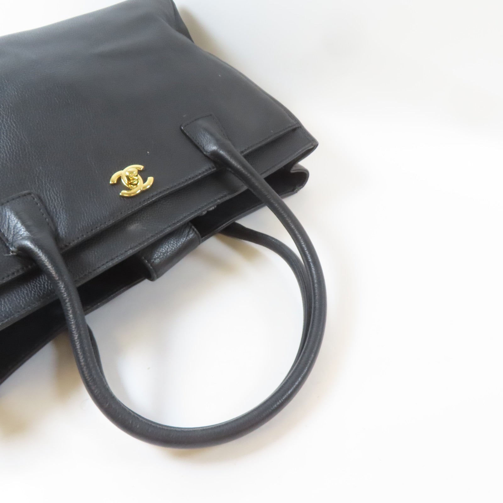 CHANEL 牛皮皮革Handbag金扣手挽袋黑色