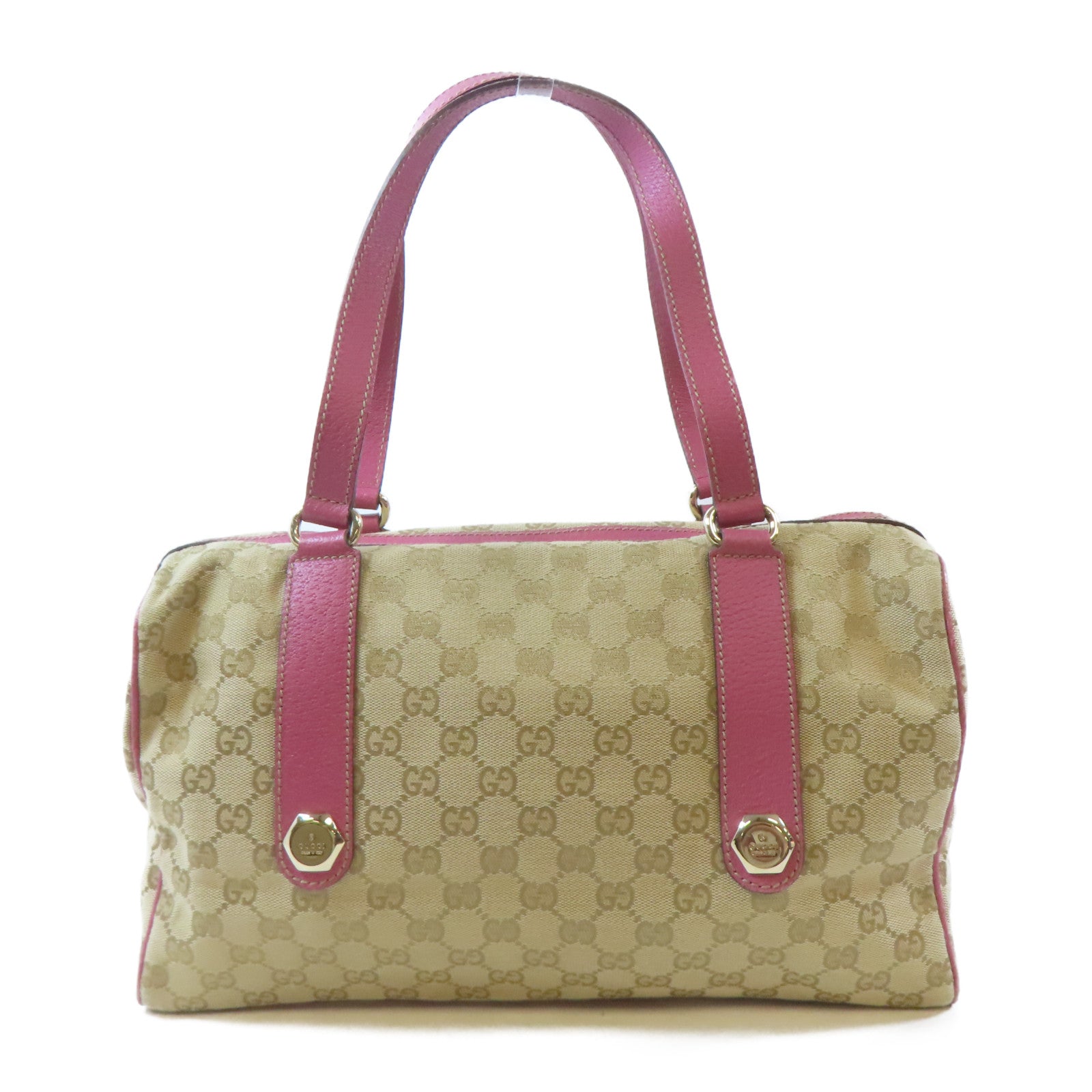 GUCCI 帆布Boston Bag金扣波士頓包棕色/粉紅色