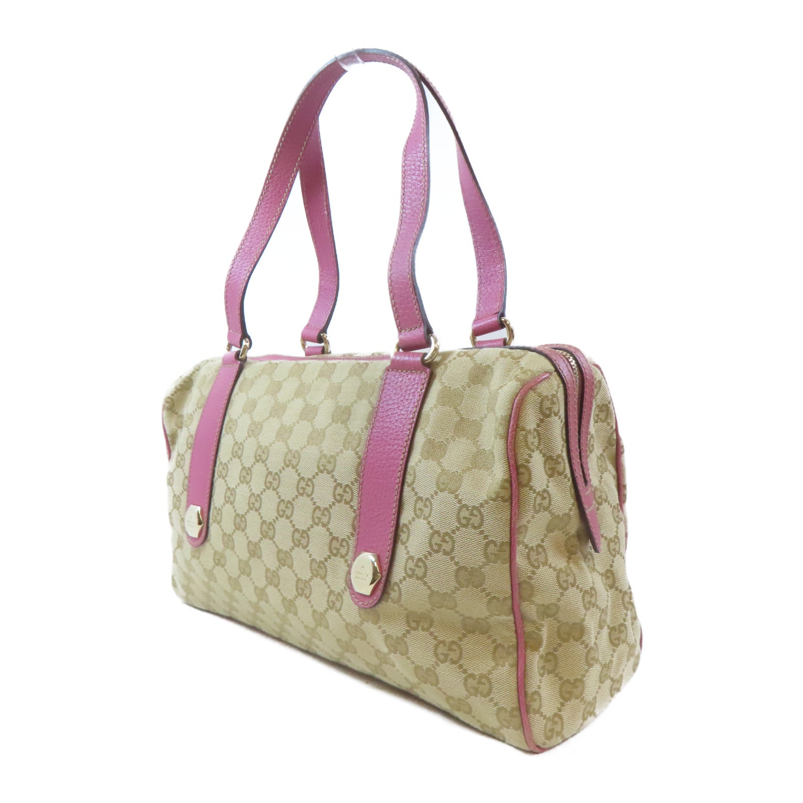 GUCCI 帆布Boston Bag金扣波士頓包棕色/粉紅色