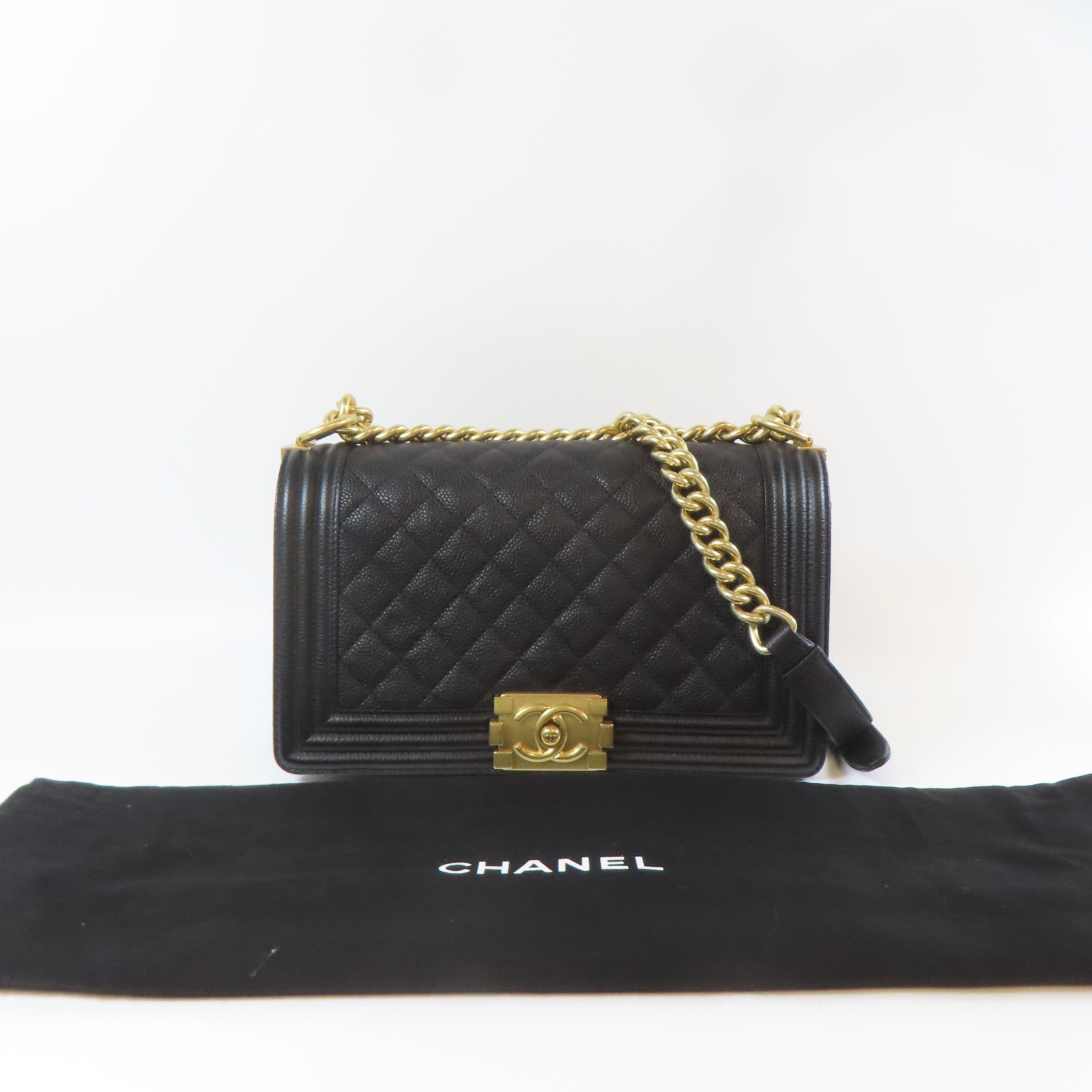 CHANEL 【激減優惠】菱格Caviar皮革Boy 25金扣鏈帶肩背袋黑色