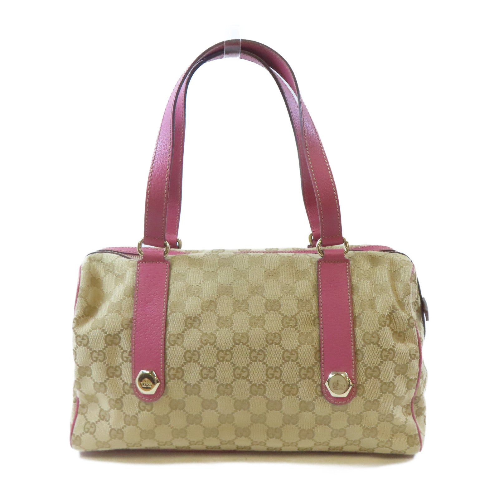 GUCCI 帆布Boston Bag金扣波士頓包棕色/粉紅色