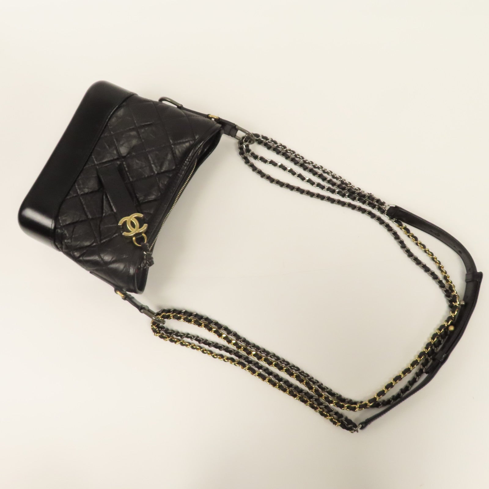 CHANEL 菱格牛皮皮革Gabrielle金扣/銀扣鏈帶肩背袋黑色