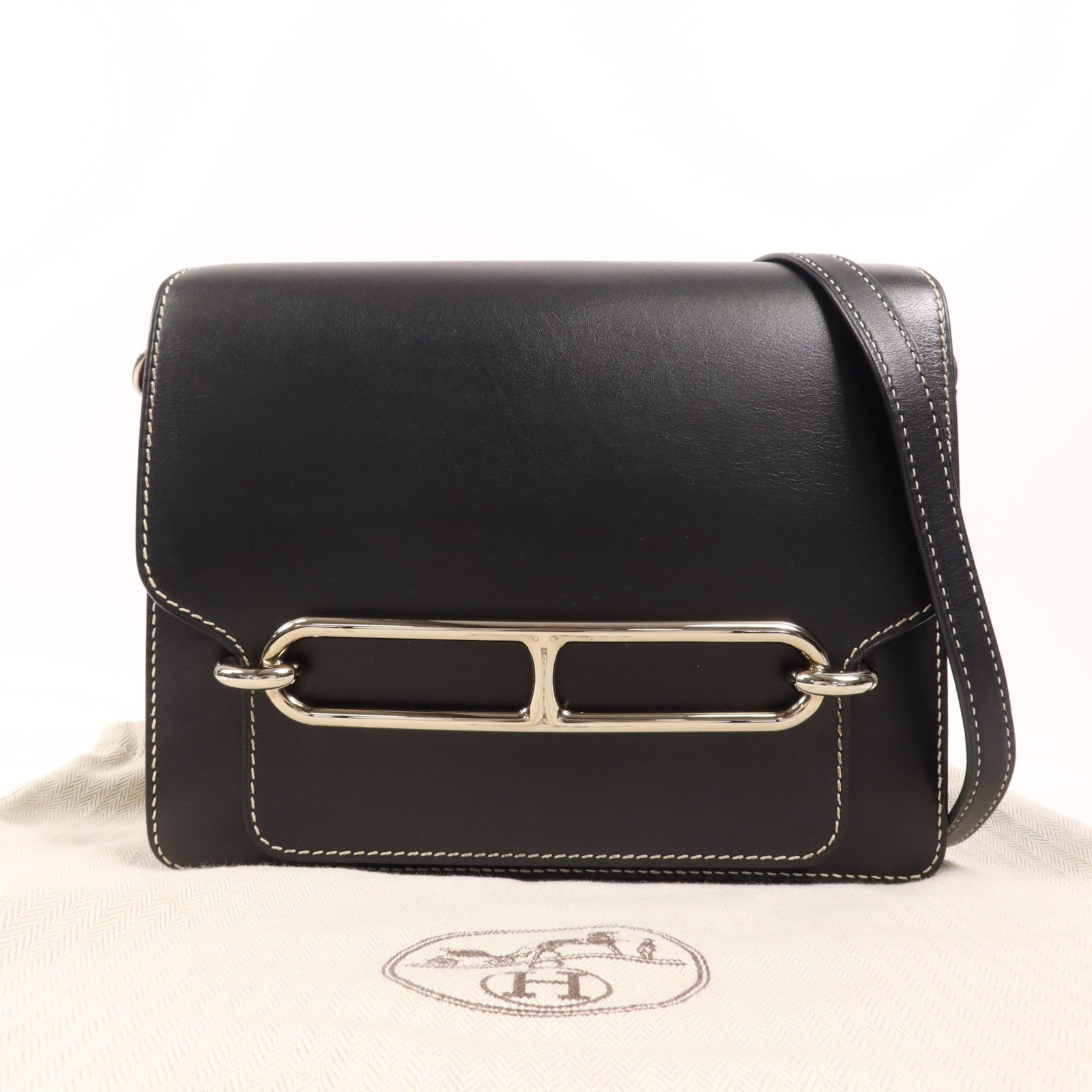 HERMES Sombrero皮革Roulis 23銀扣肩背袋Noir